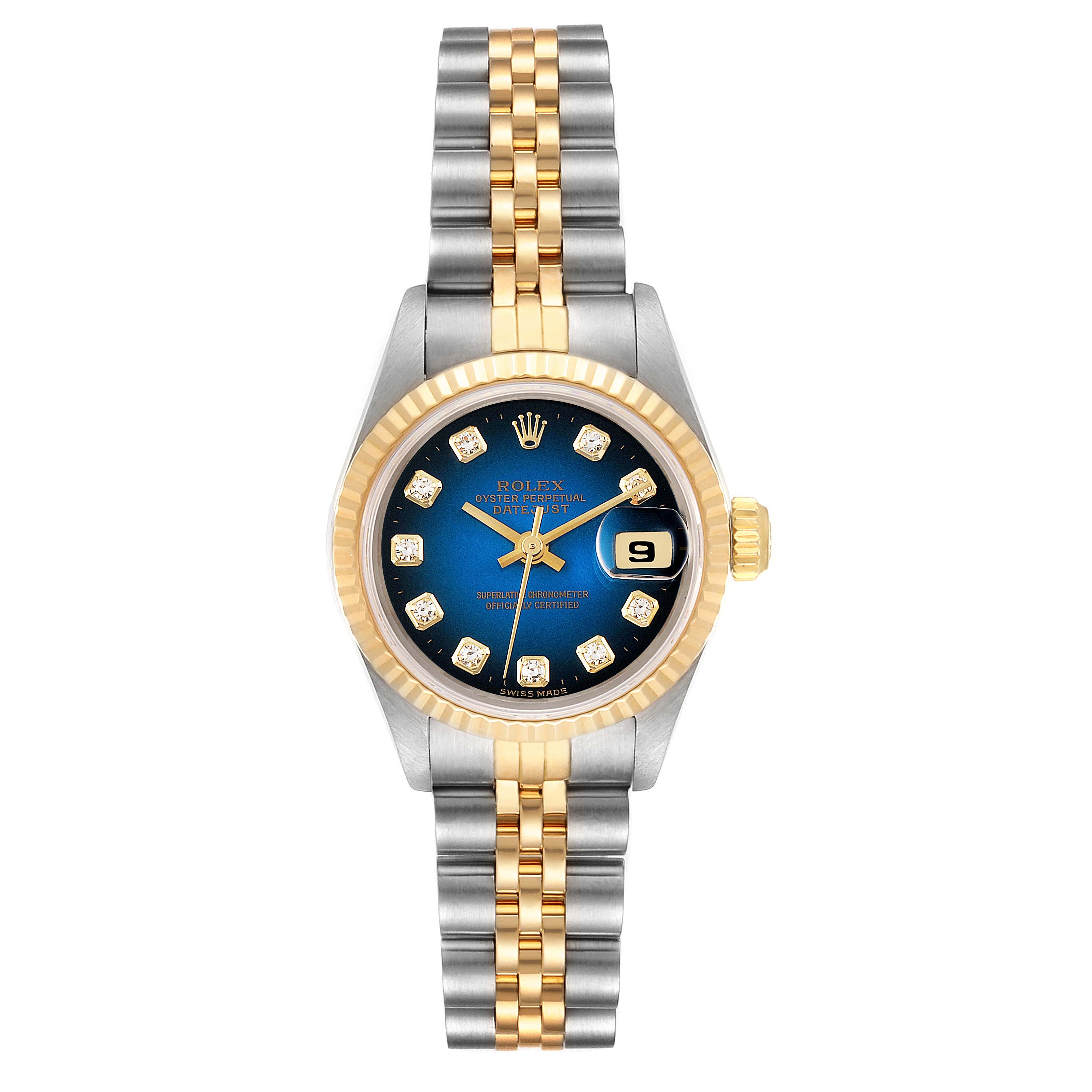 The image shows a frontal view of a Rolex Datejust 69173 Women's Steel and Gold (two tone) Blue Dial 69173 Women's Steel and Gold (two tone) Blue Dial watch displaying its face, bezel, crown, and bracelet.
