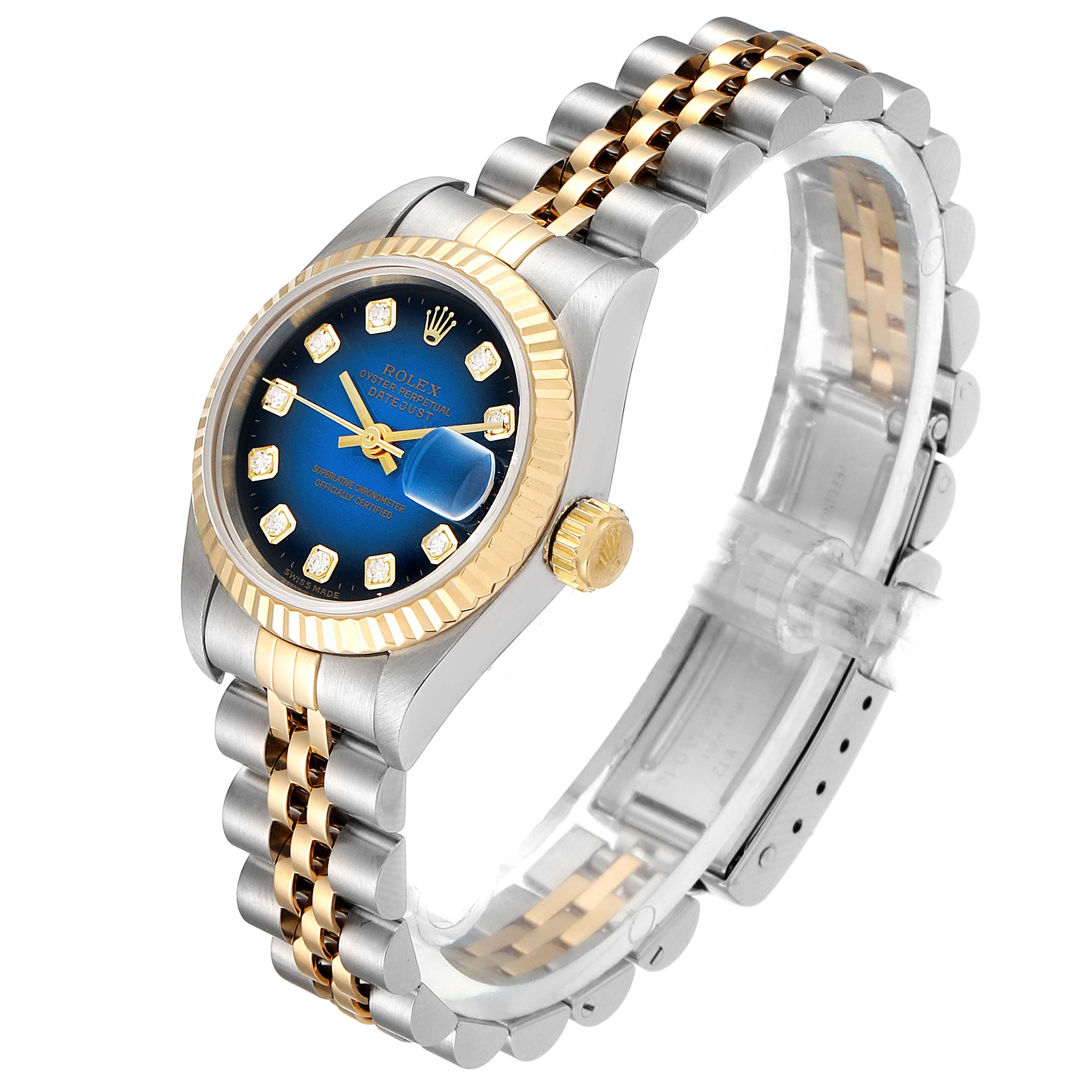 The image shows a Rolex Datejust 69173 Women's Steel and Gold (two tone) Blue Dial 69173 Women's Steel and Gold (two tone) Blue Dial watch from a front angle, highlighting the blue dial, gold bezel, and two-tone metal bracelet.