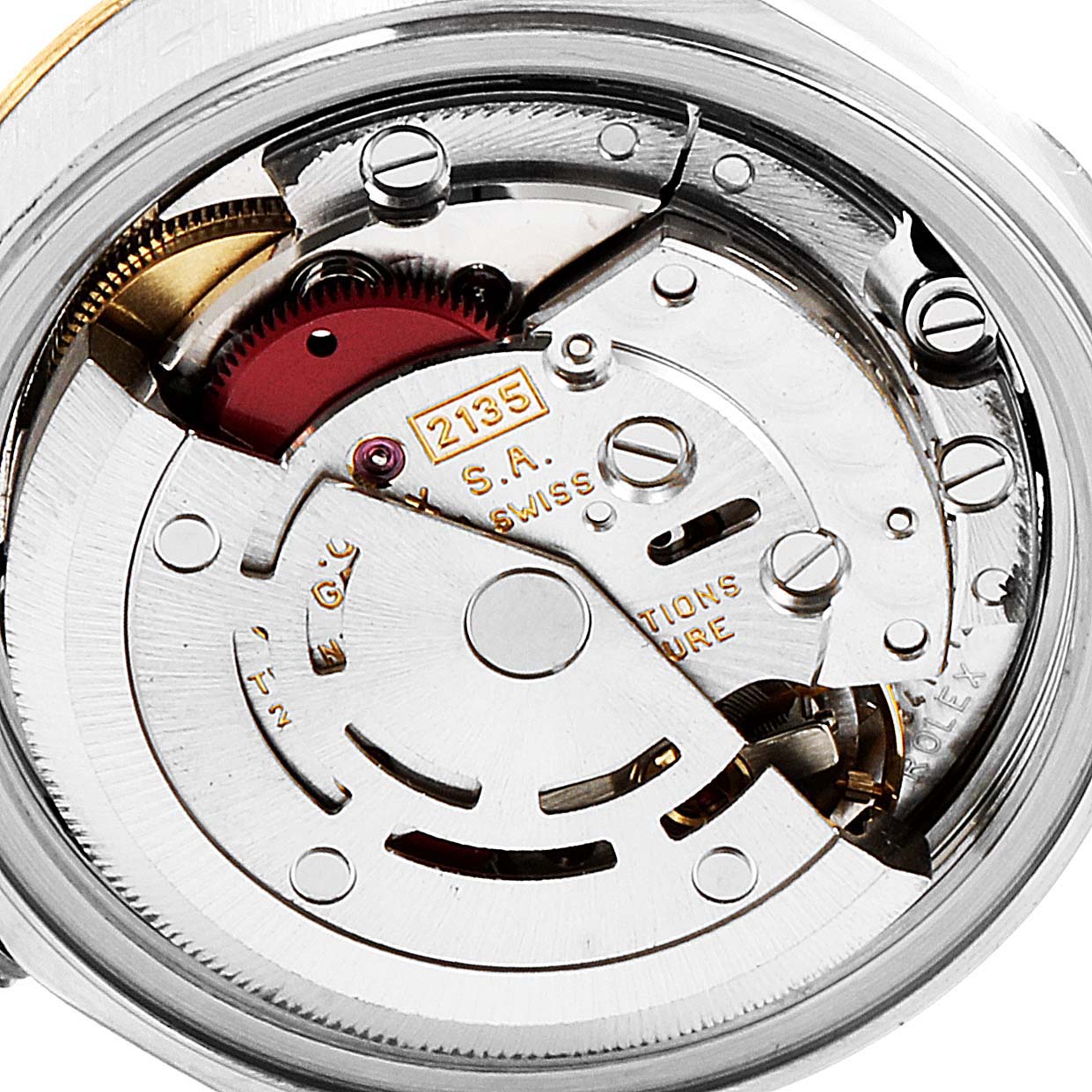 The image shows a close-up view of the movement mechanism of a Rolex Datejust 69173 Women's Steel and Gold (two tone) Blue Dial 69173 Women's Steel and Gold (two tone) Blue Dial watch.
