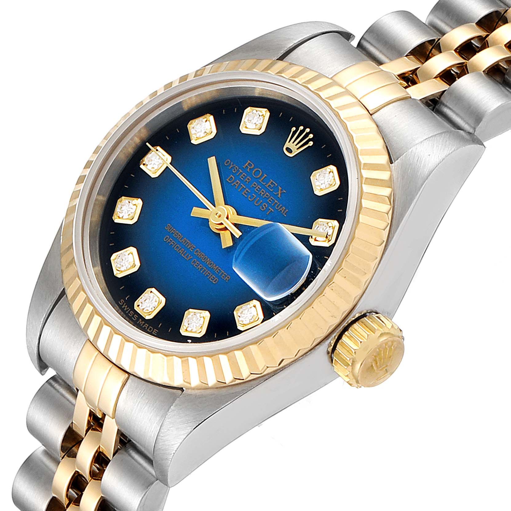 This Rolex Datejust 69173 Women's Steel and Gold (two tone) Blue Dial 69173 Women's Steel and Gold (two tone) Blue Dial watch is shown at an angled close-up, highlighting the bezel, crown, dial, and part of the bracelet.