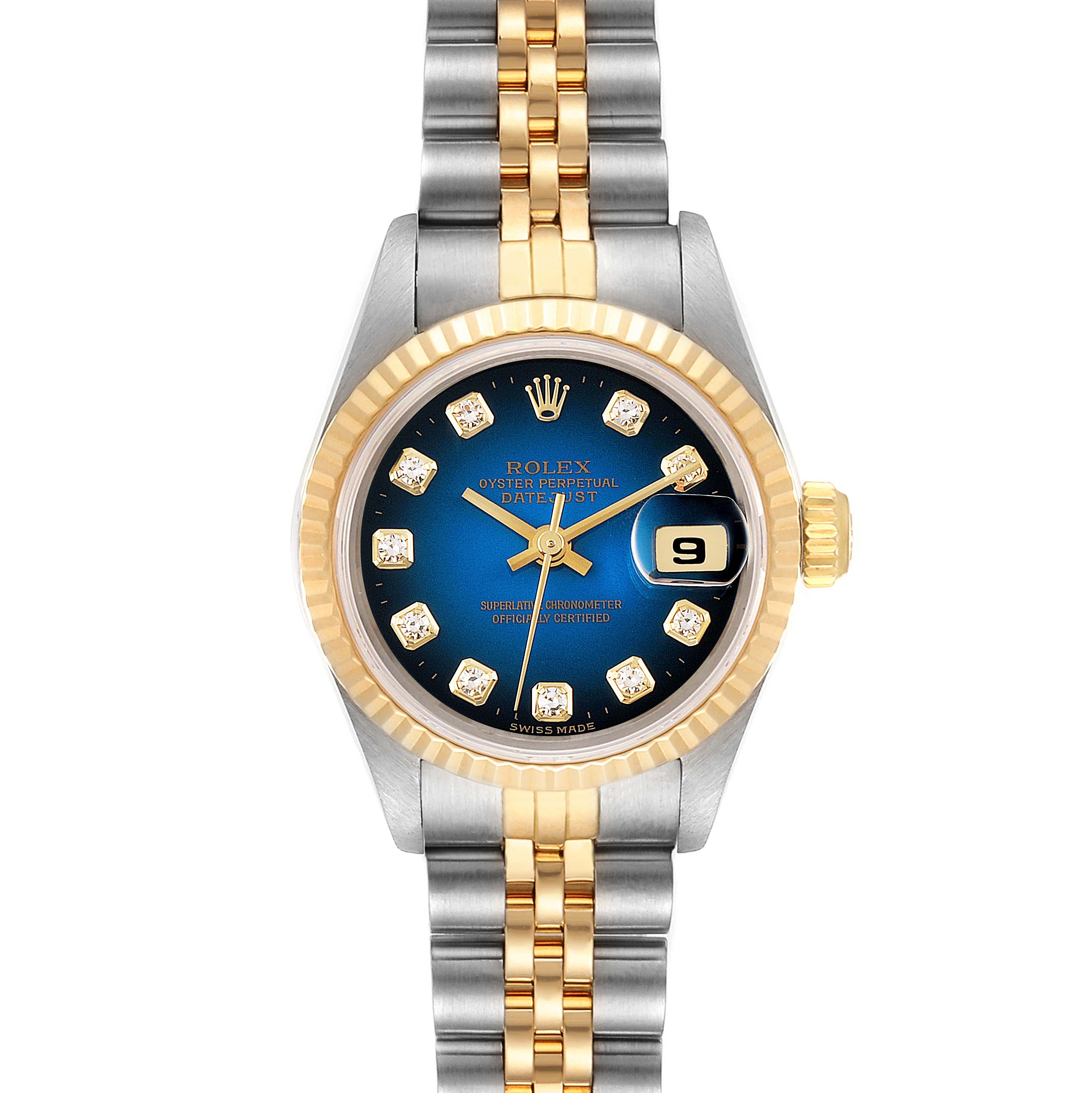 This image shows a Rolex Datejust 69173 Women's Steel and Gold (two tone) Blue Dial 69173 Women's Steel and Gold (two tone) Blue Dial watch from a top-down angle, highlighting the face, bezel, and part of the bracelet.