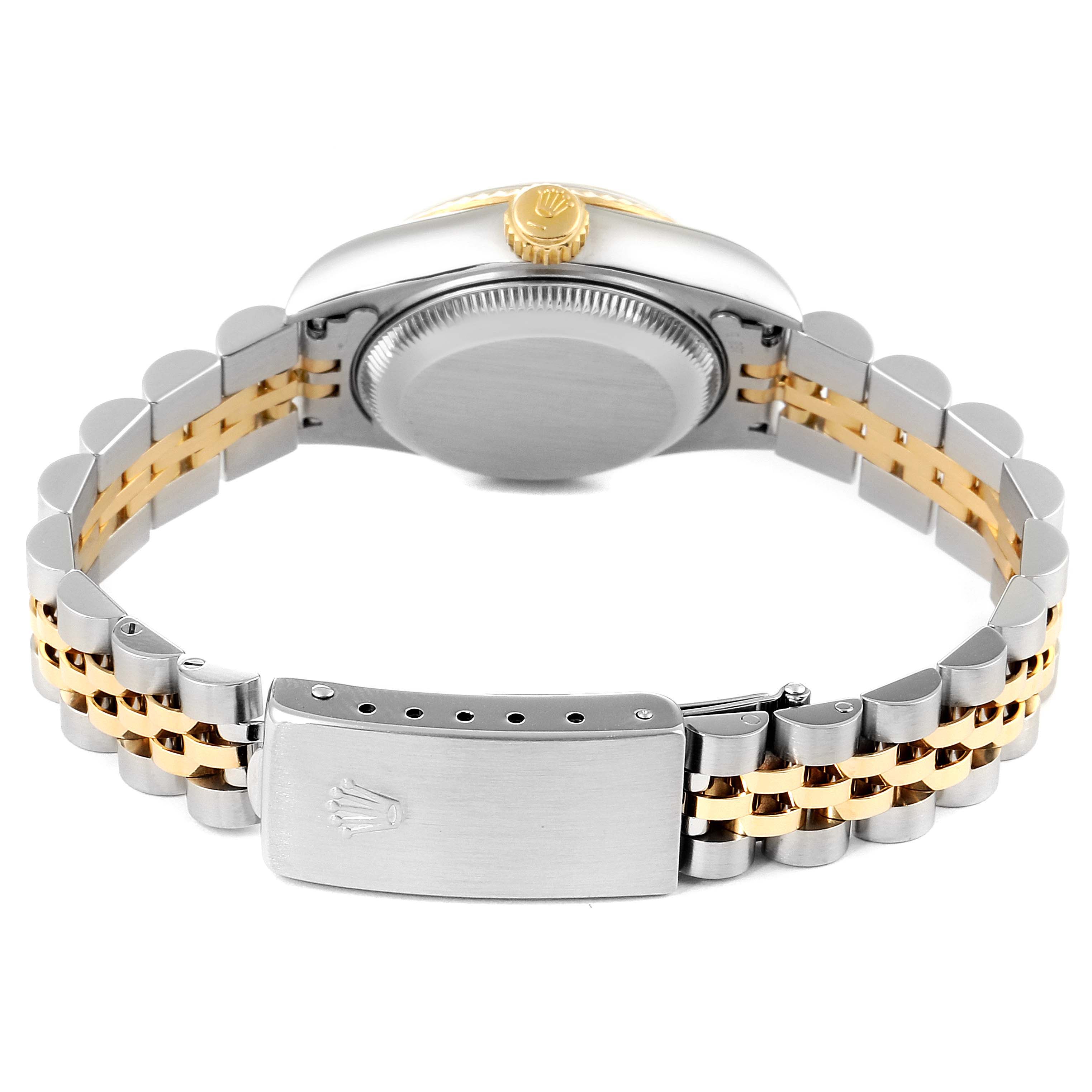 This image shows the back view of a Rolex Datejust 69173 Women's Steel and Gold (two tone) Blue Dial 69173 Women's Steel and Gold (two tone) Blue Dial watch, highlighting the clasp, bracelet, and case back.