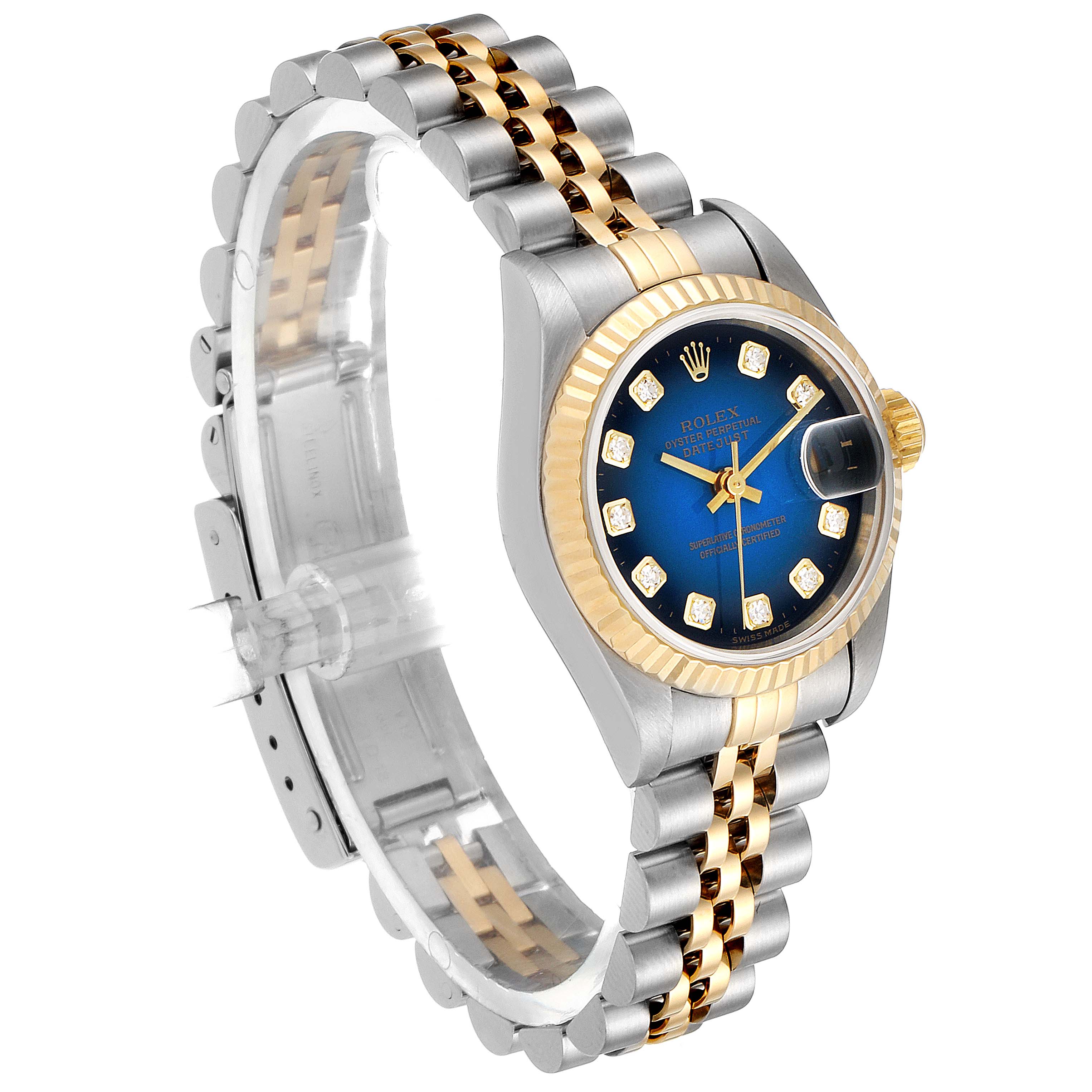 This image shows a Rolex Datejust 69173 Women's Steel and Gold (two tone) Blue Dial 69173 Women's Steel and Gold (two tone) Blue Dial watch from a side angle, highlighting the blue dial, gold accents, and two-tone bracelet.