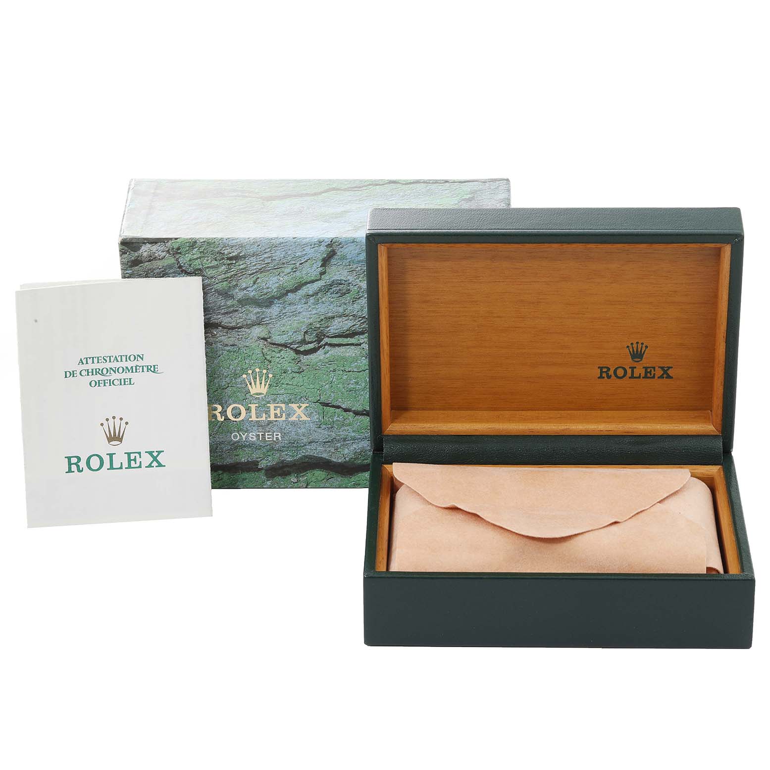 The image shows the packaging, inner box, and documentation of a Mid-Size Rolex watch, viewed straight on.