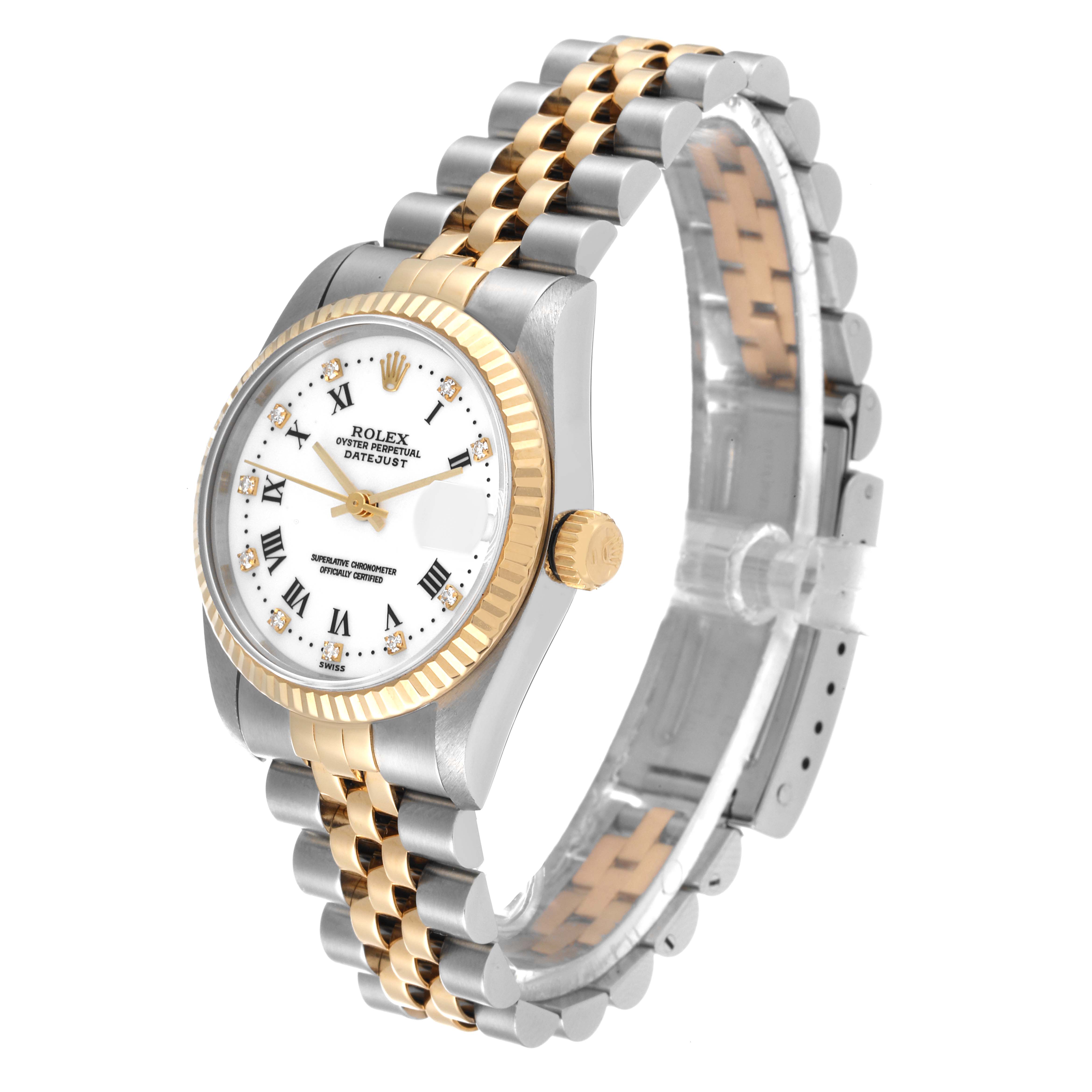 This image shows a side angle of a Rolex Mid-Size 68273 Women
s Steel and Gold (two tone) White Dial 68273 Women
s Steel and Gold (two tone) White Dial Datejust watch featuring a two-tone bracelet and fluted bezel.