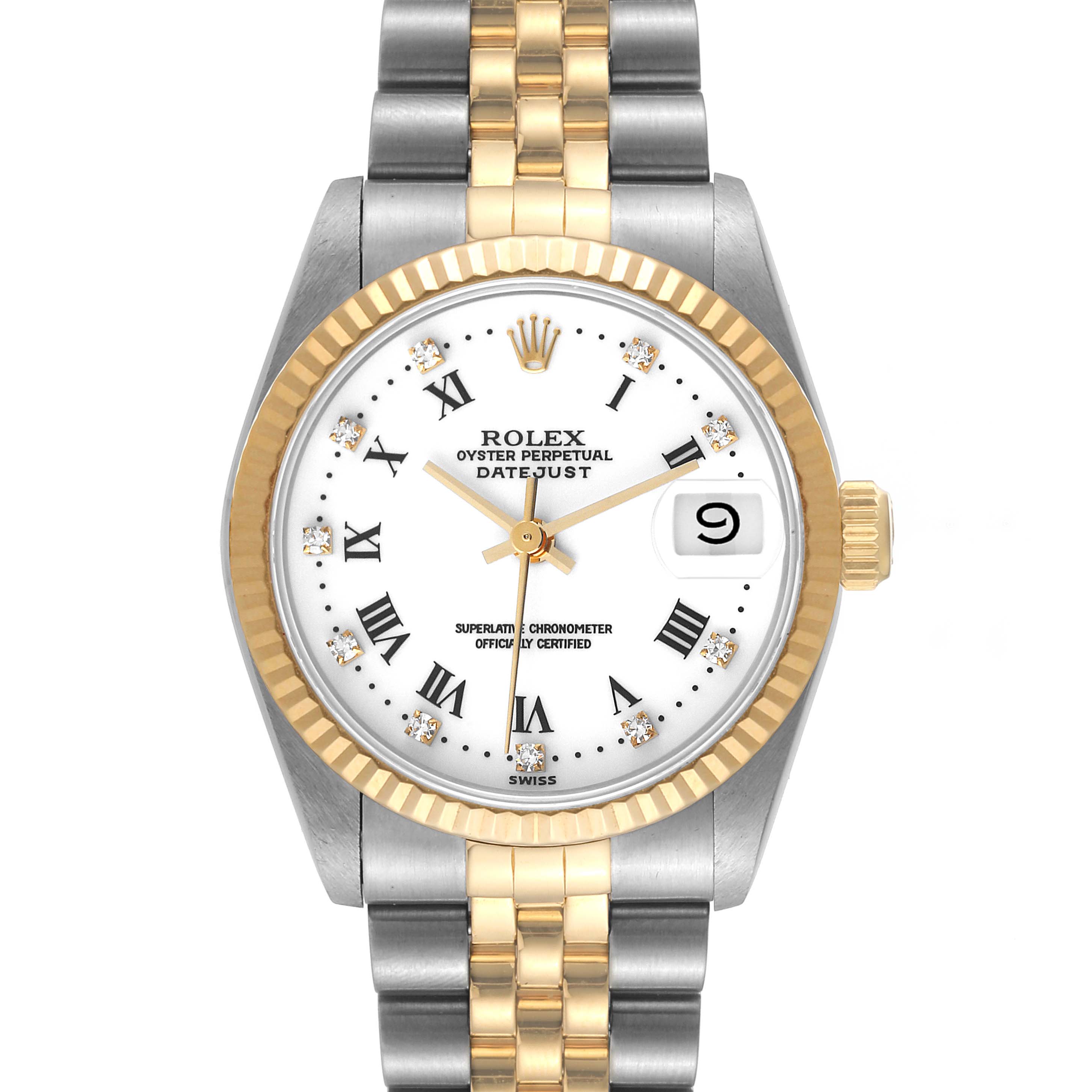 This image shows a front view of a Rolex Mid-Size 68273 Women
s Steel and Gold (two tone) White Dial 68273 Women
s Steel and Gold (two tone) White Dial Datejust watch, featuring a two-tone bracelet and a white dial with Roman numerals.