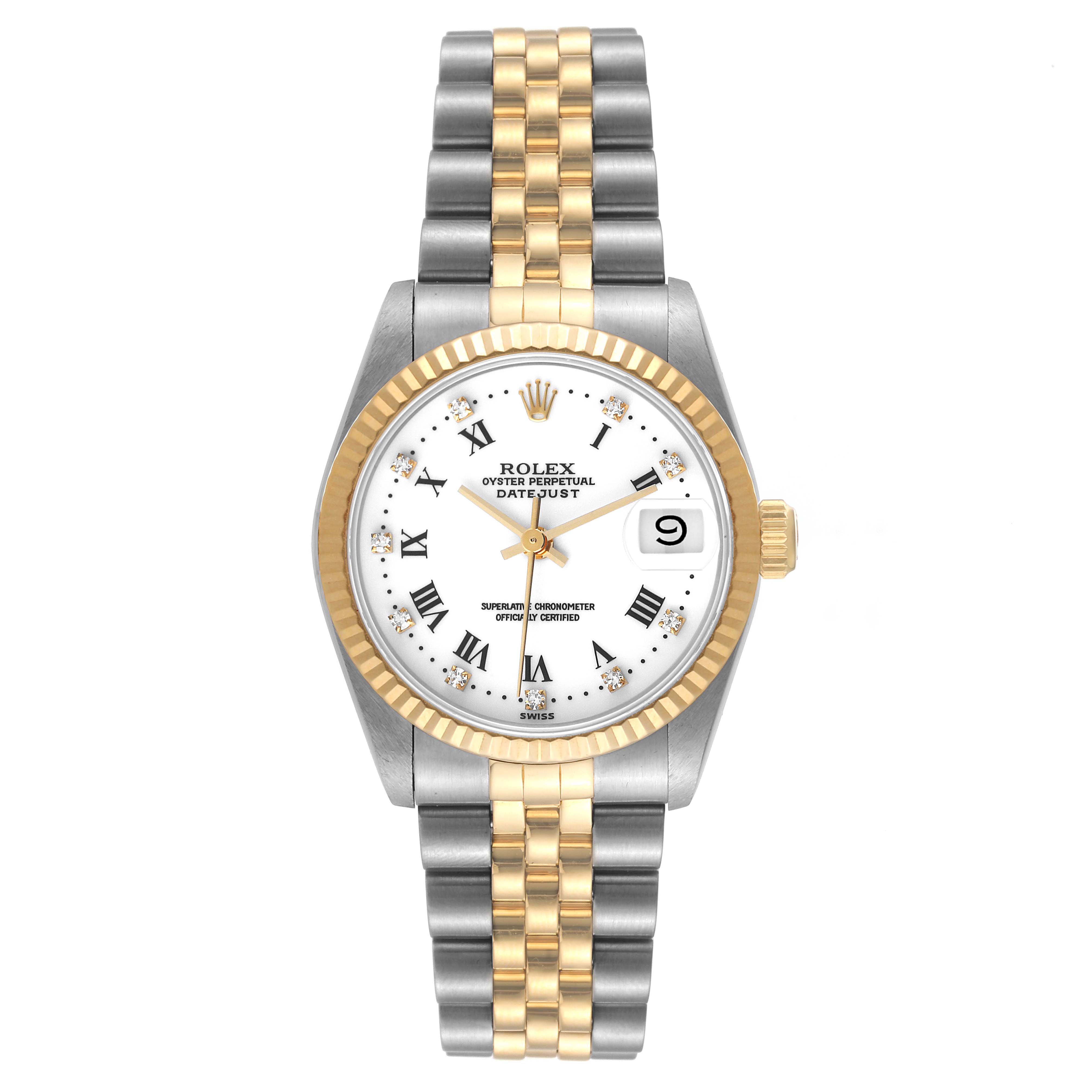 The Rolex Mid-Size 68273 Women
s Steel and Gold (two tone) White Dial 68273 Women
s Steel and Gold (two tone) White Dial model watch is shown from a straight-on angle, displaying the face, bezel, crown, and bracelet.