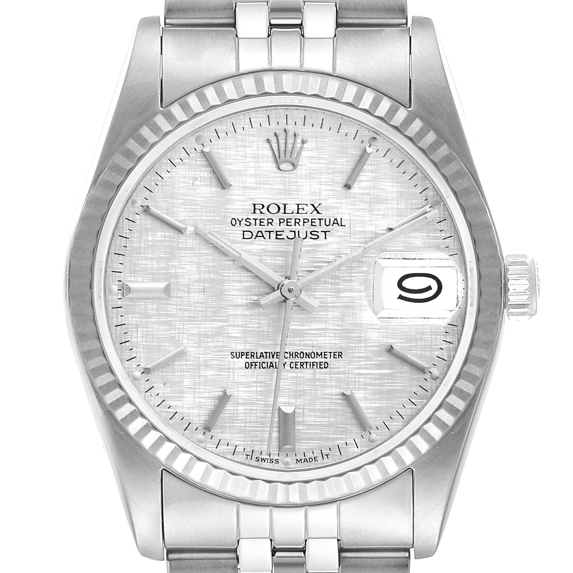 The image shows a front view of a Rolex Datejust 16234 Men's Stainless Steel Silver Dial 16234 Men's Stainless Steel Silver Dial watch, featuring the dial, bezel, and part of the bracelet.