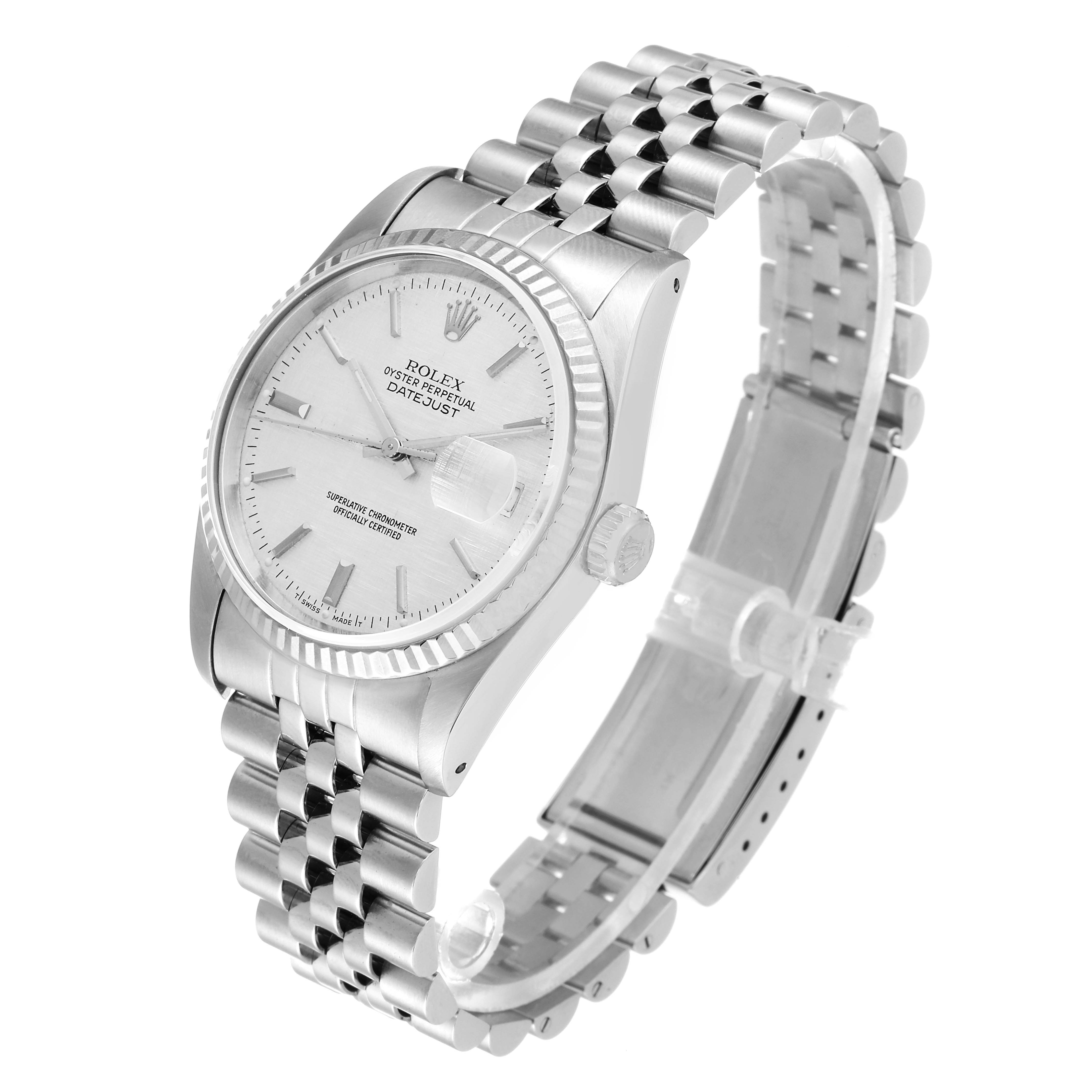 The image shows a side angle of a Rolex Datejust 16234 Men's Stainless Steel Silver Dial 16234 Men's Stainless Steel Silver Dial watch, featuring its face, case, crown, and Jubilee bracelet.