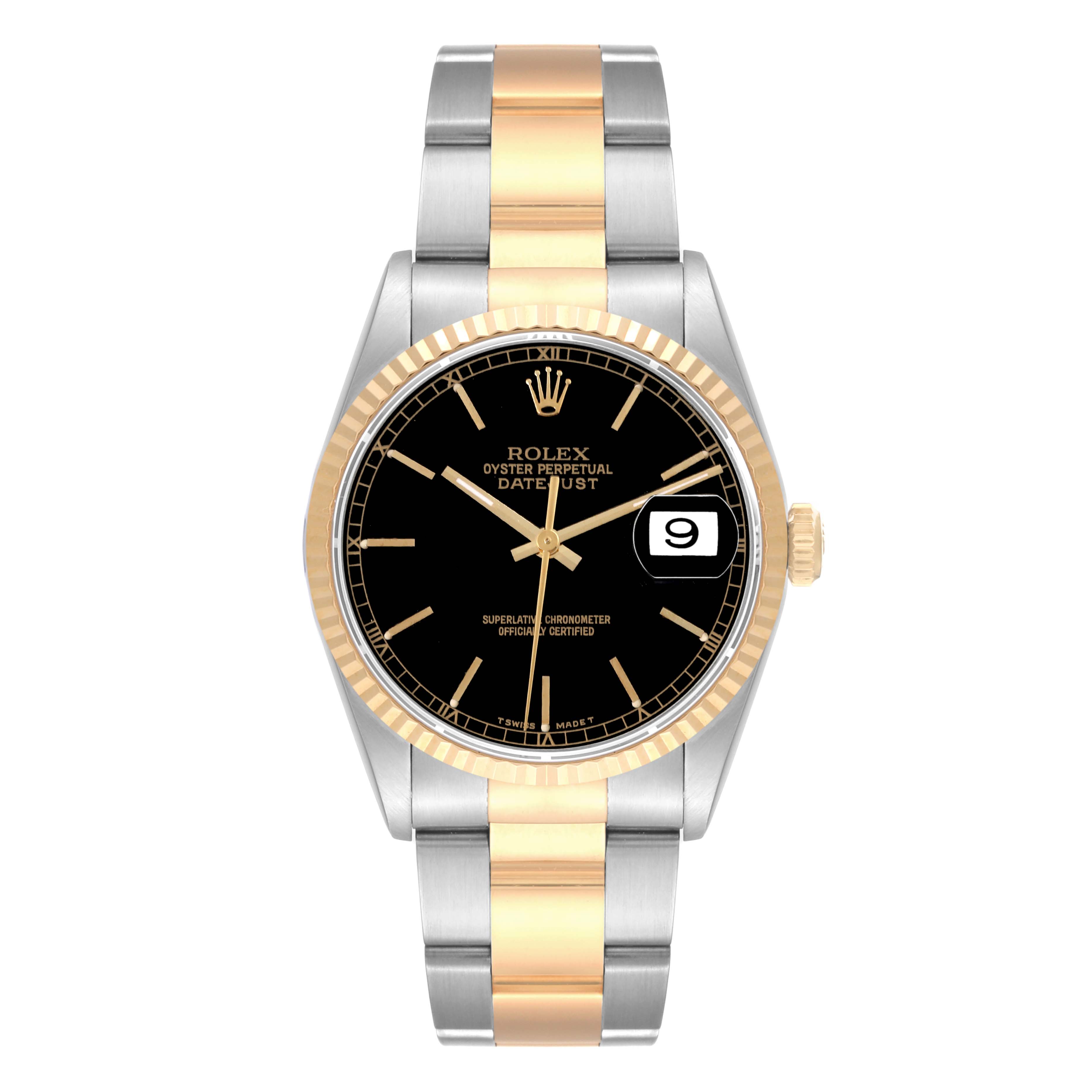 The image shows a front view of the Rolex Datejust 16233 Men's Steel and Gold (two tone) Black Dial 16233 Men's Steel and Gold (two tone) Black Dial watch, highlighting its black dial, two-tone metal bracelet, and date display.