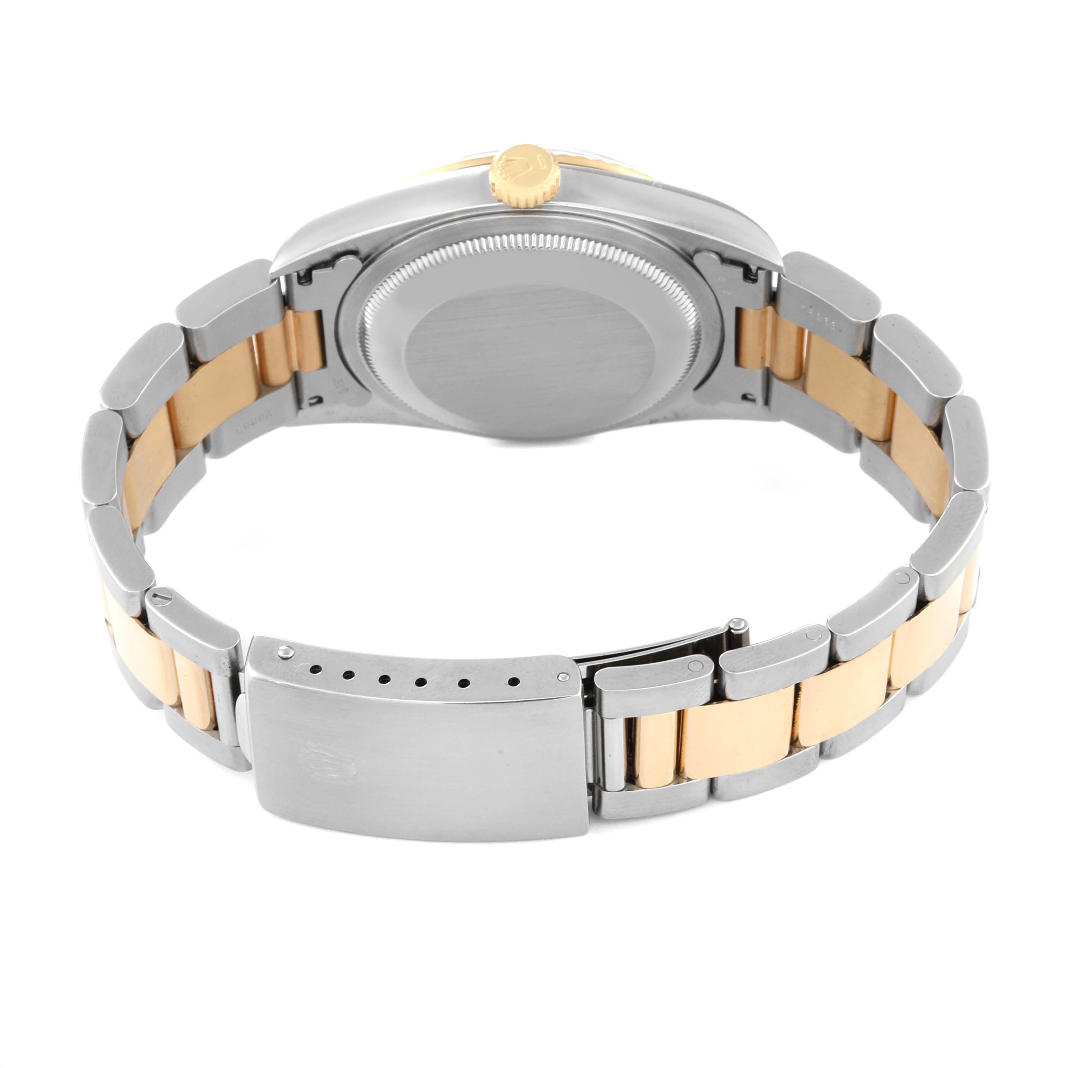 The image shows the back view of a Rolex Datejust 16233 Men's Steel and Gold (two tone) Black Dial 16233 Men's Steel and Gold (two tone) Black Dial watch, highlighting its case back, crown, and two-tone bracelet with clasp.