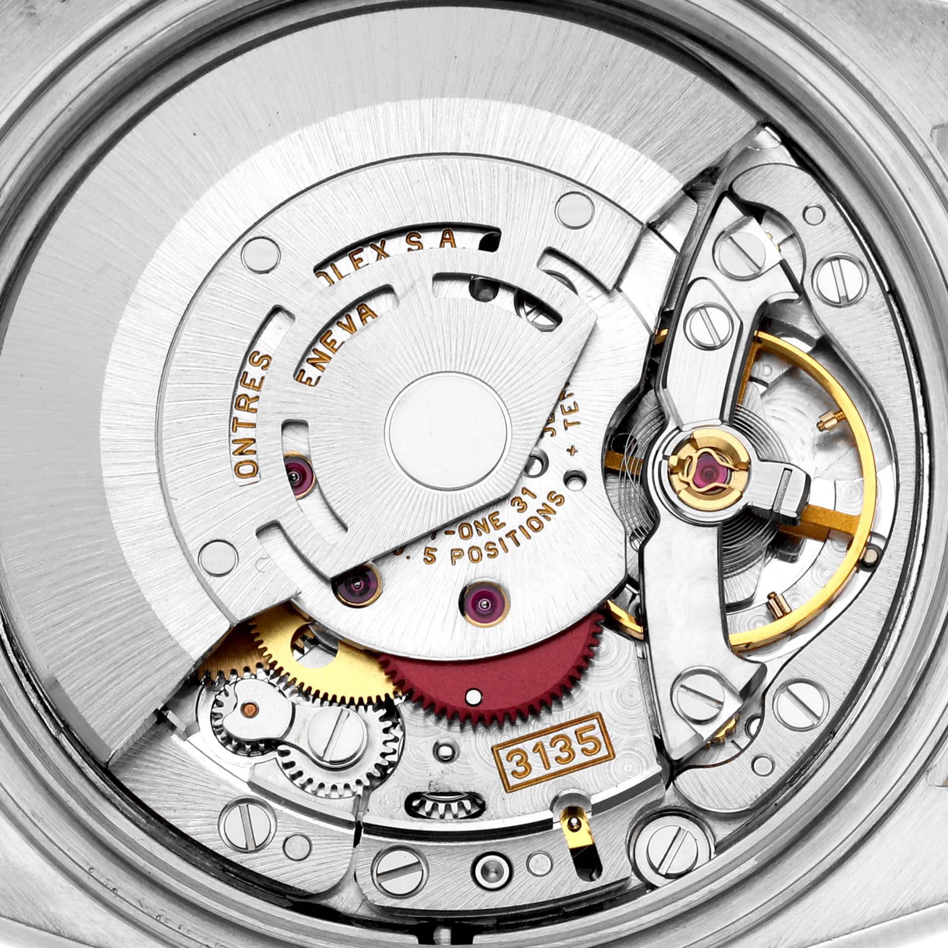 This image shows the internal mechanism of a Rolex Datejust 16233 Men's Steel and Gold (two tone) Black Dial 16233 Men's Steel and Gold (two tone) Black Dial watch from a close-up, top-down angle.