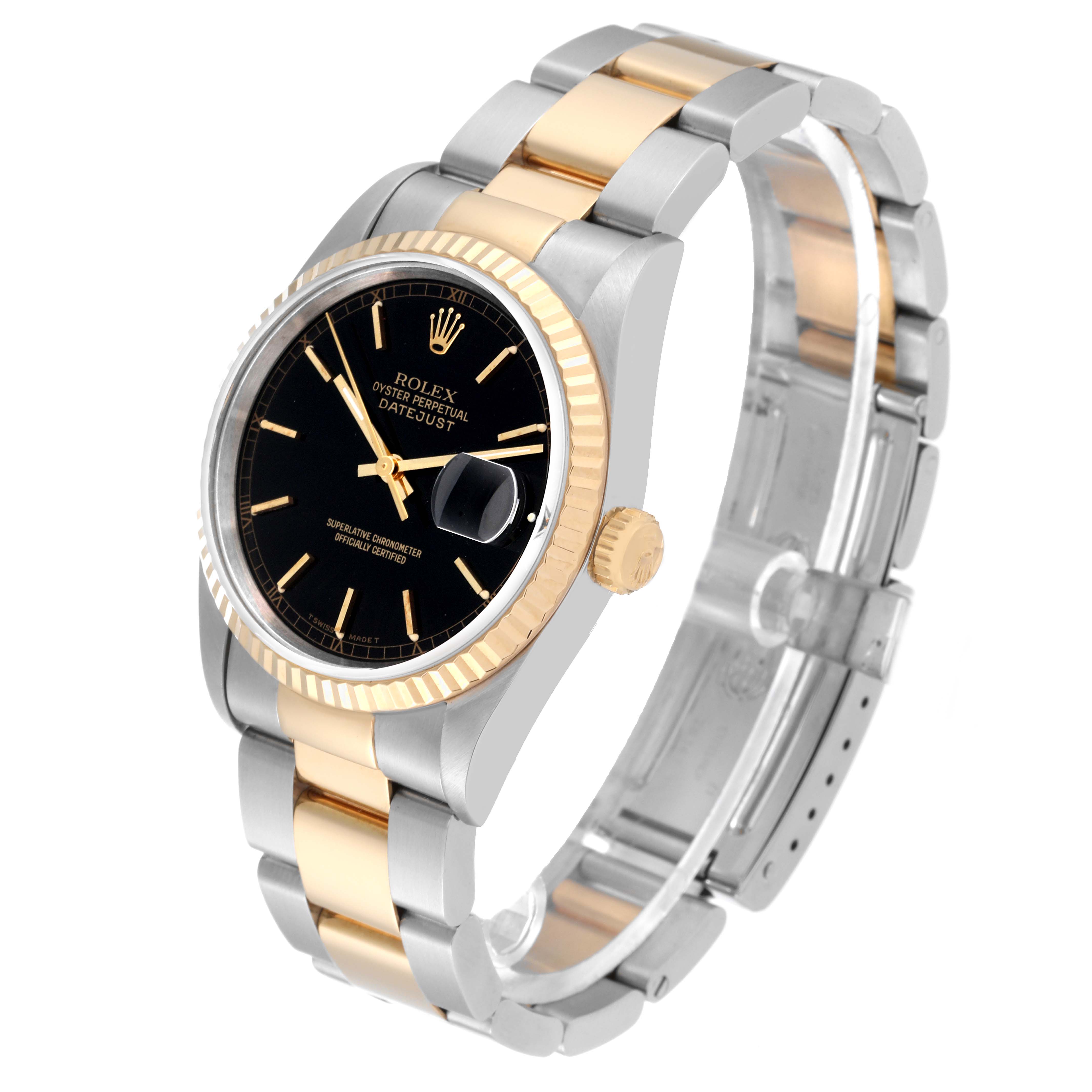 The image shows a Rolex Datejust 16233 Men's Steel and Gold (two tone) Black Dial 16233 Men's Steel and Gold (two tone) Black Dial watch angled slightly to the right, displaying the dial, fluted bezel, crown, and two-tone bracelet.