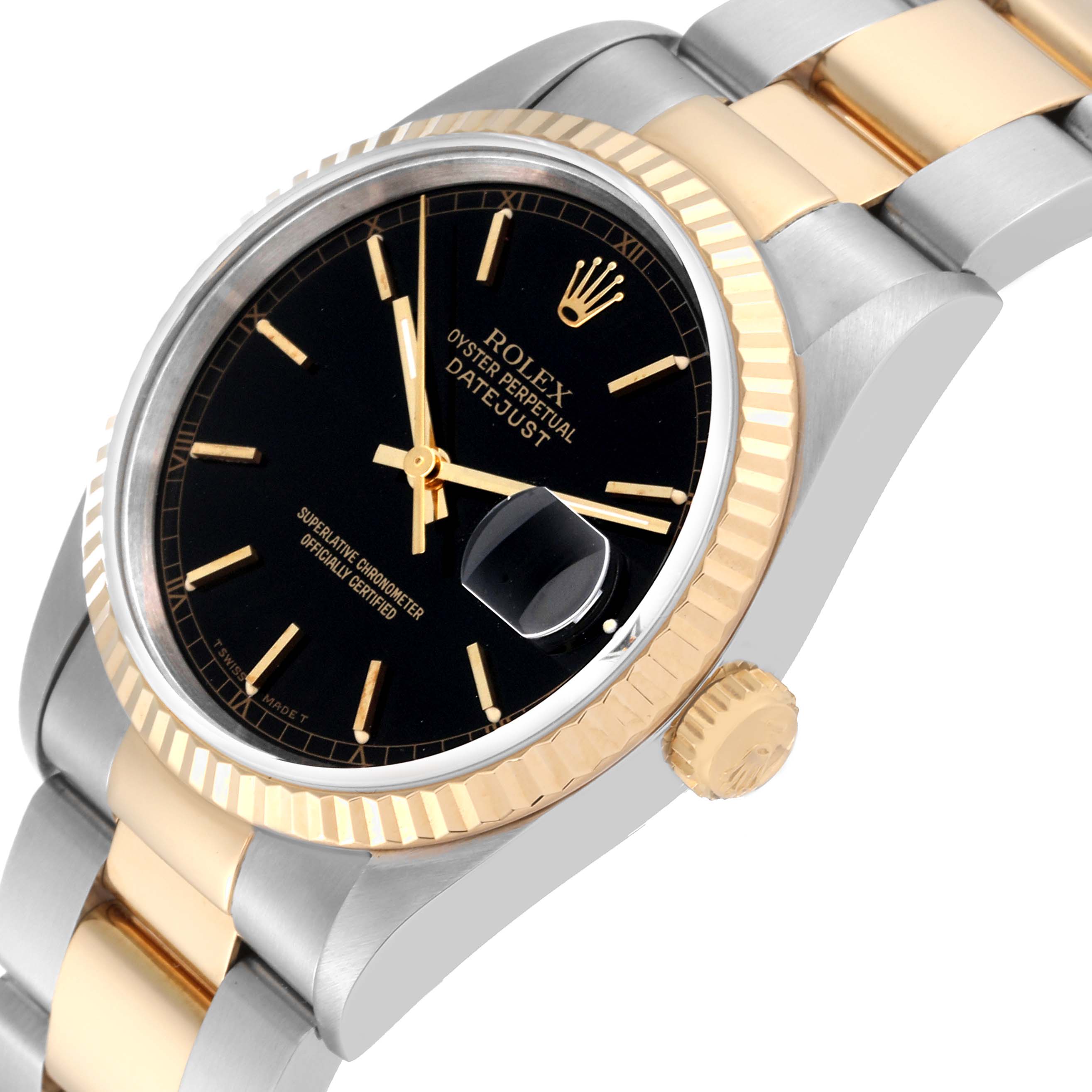 The image shows a Rolex Datejust 16233 Men's Steel and Gold (two tone) Black Dial 16233 Men's Steel and Gold (two tone) Black Dial watch angled slightly from the top, highlighting the dial, bezel, and part of the bracelet.