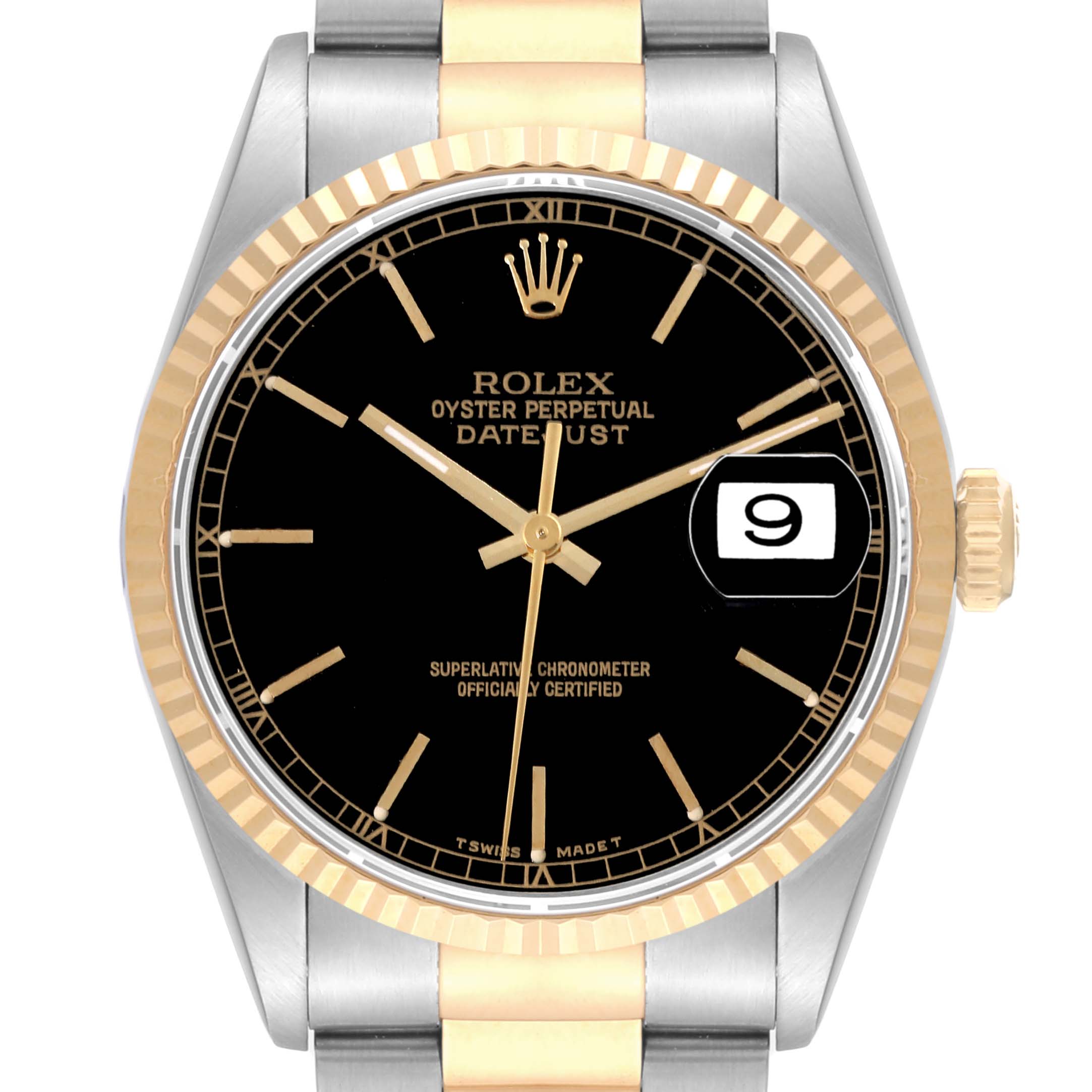 The image shows a front view of the Rolex Datejust 16233 Men's Steel and Gold (two tone) Black Dial 16233 Men's Steel and Gold (two tone) Black Dial watch, displaying its face, bezel, and part of the bracelet.
