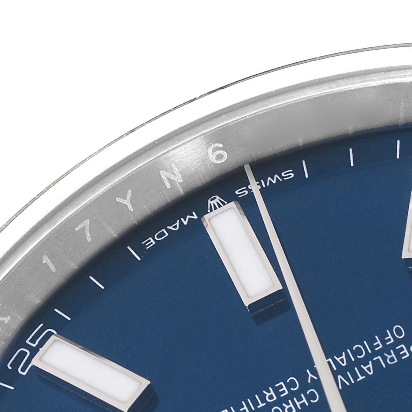 This image shows a close-up of the dial and part of the bezel of a Rolex Datejust 41 126300 Men
s Stainless Steel Blue Dial 126300 Men
s Stainless Steel Blue Dial watch.