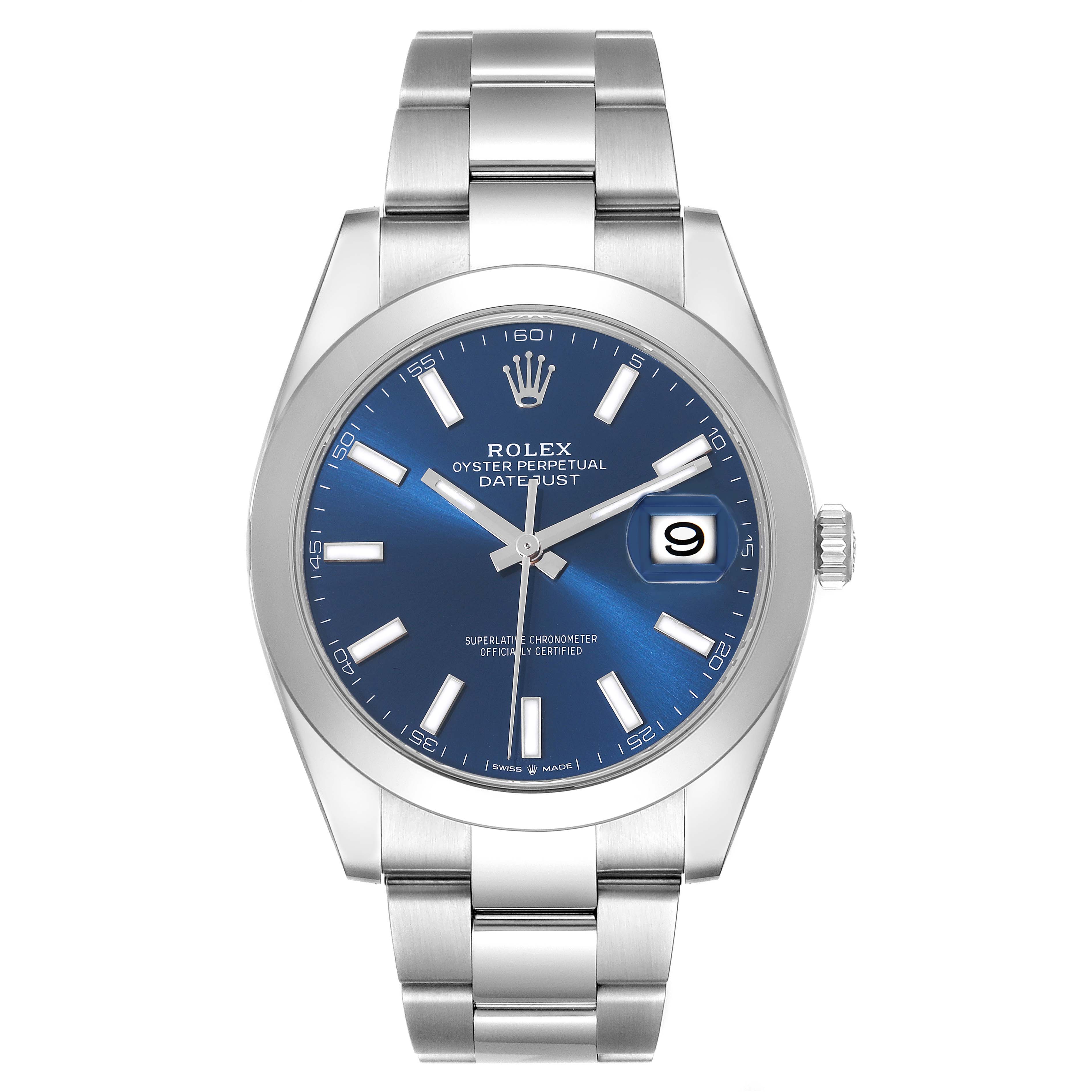 The image shows a front view of a Rolex Datejust 41 126300 Men
s Stainless Steel Blue Dial 126300 Men
s Stainless Steel Blue Dial watch with a blue dial and silver bracelet.