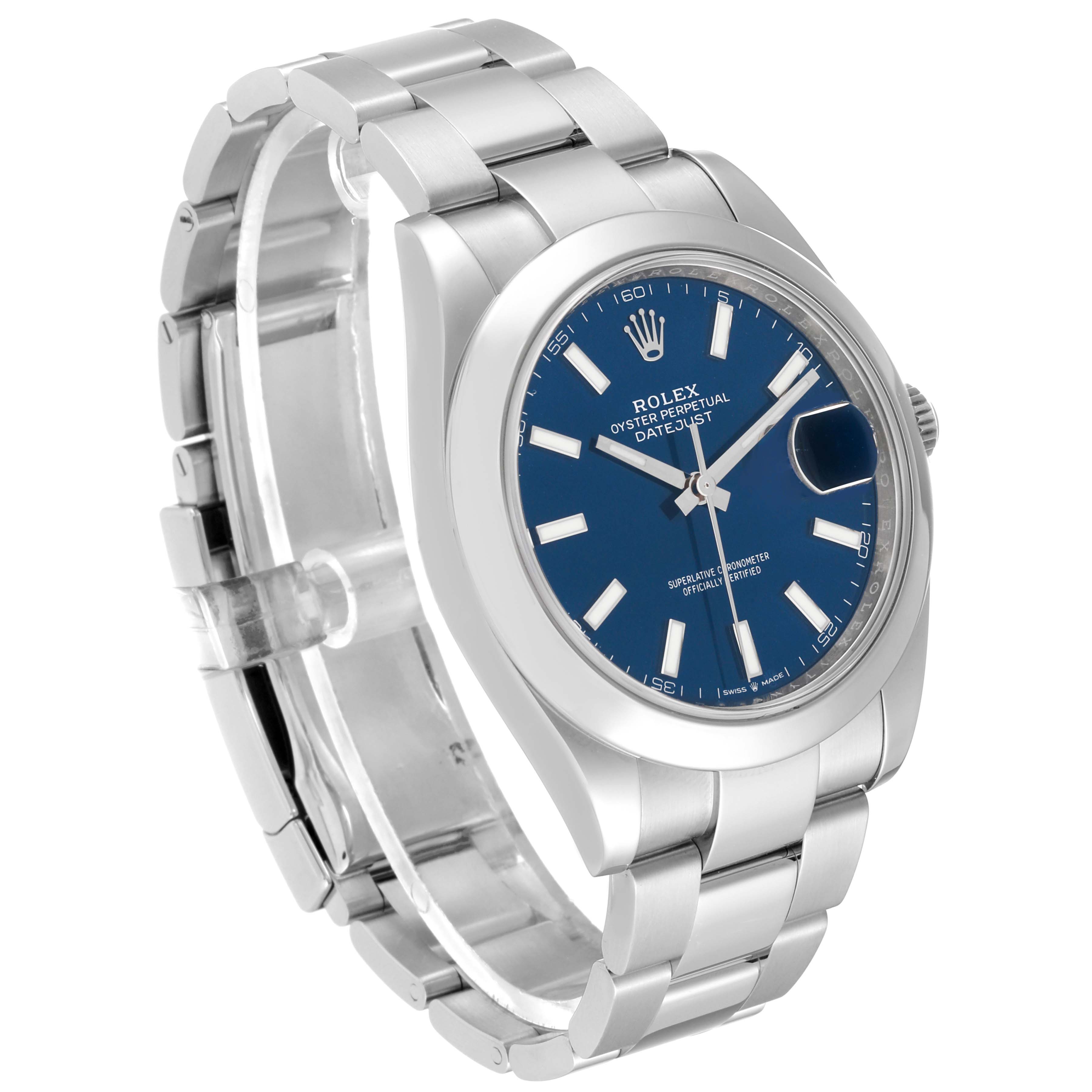 This image shows a side angle of the Rolex Datejust 41 126300 Men
s Stainless Steel Blue Dial 126300 Men
s Stainless Steel Blue Dial, displaying its blue dial, stainless steel bracelet, and clasp.