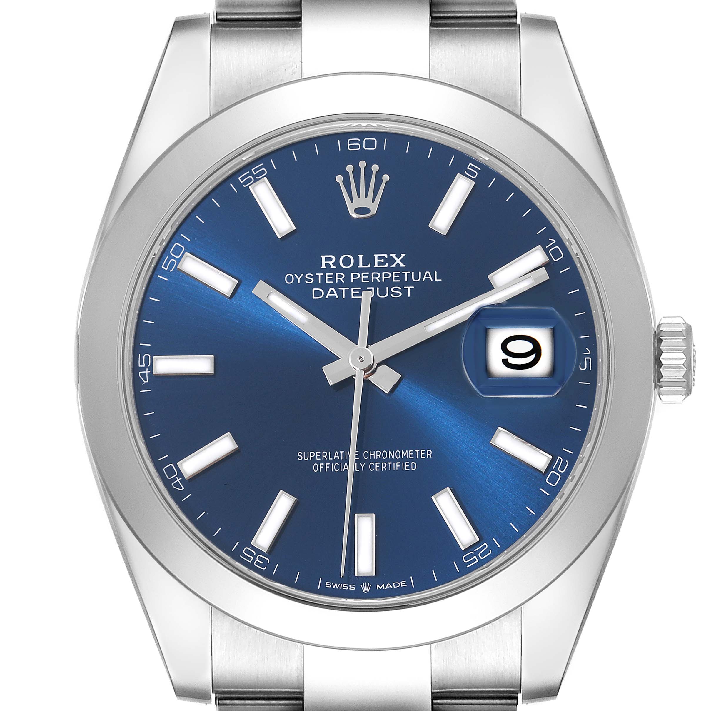 This image shows a front angle of the Rolex Datejust 41 126300 Men
s Stainless Steel Blue Dial 126300 Men
s Stainless Steel Blue Dial watch featuring a blue dial, silver hands, and a date display with magnification.