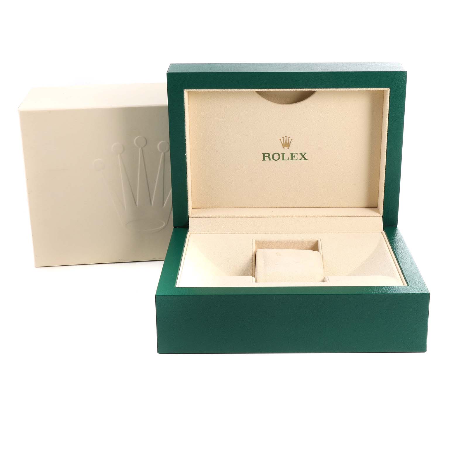 The image shows the open presentation box and outer box for the Rolex Datejust 41 126300 Men
s Stainless Steel Blue Dial 126300 Men
s Stainless Steel Blue Dial model.