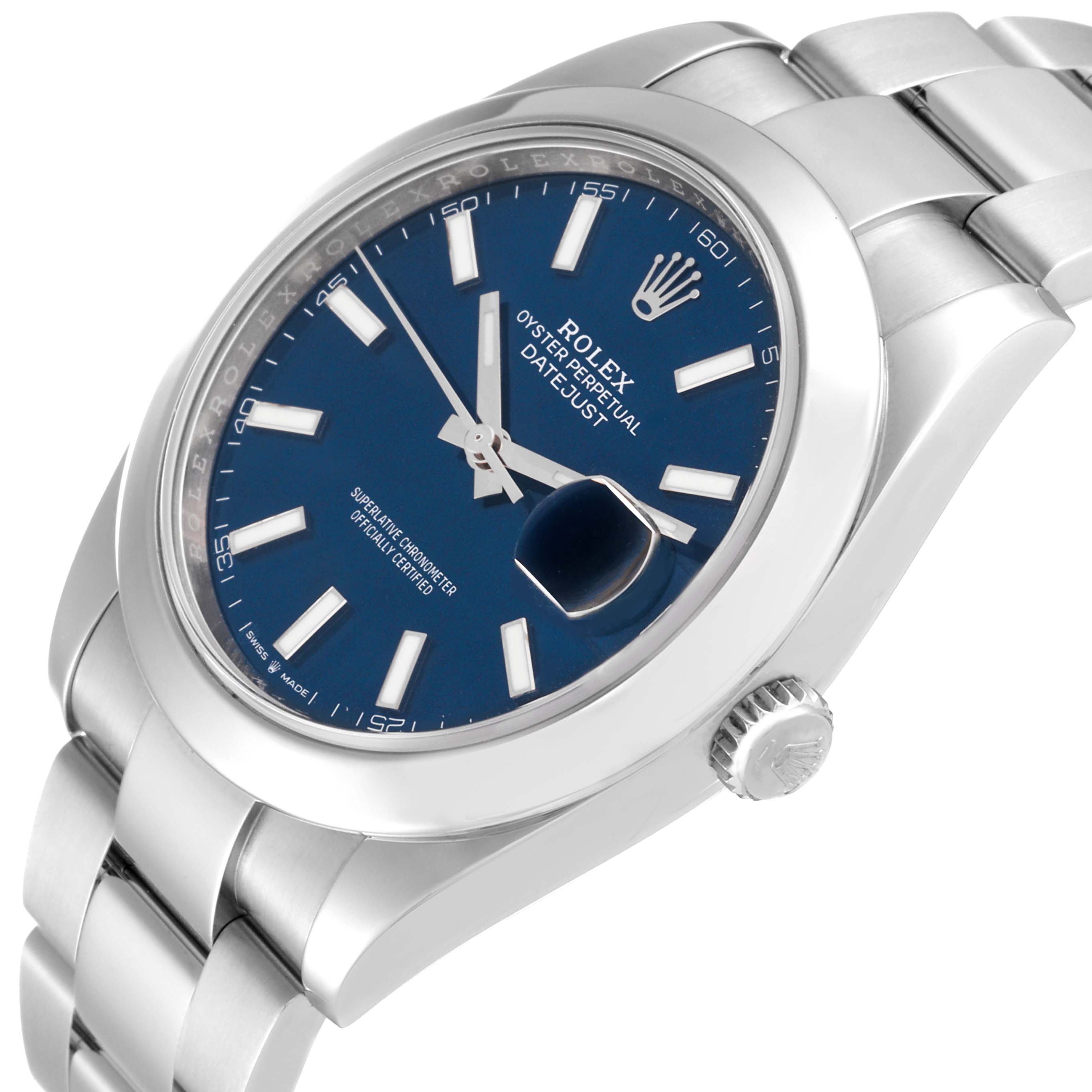 The image shows a close-up angle of the Rolex Datejust 41 126300 Men
s Stainless Steel Blue Dial 126300 Men
s Stainless Steel Blue Dial, highlighting the blue dial, oyster bracelet, bezel, and crown.