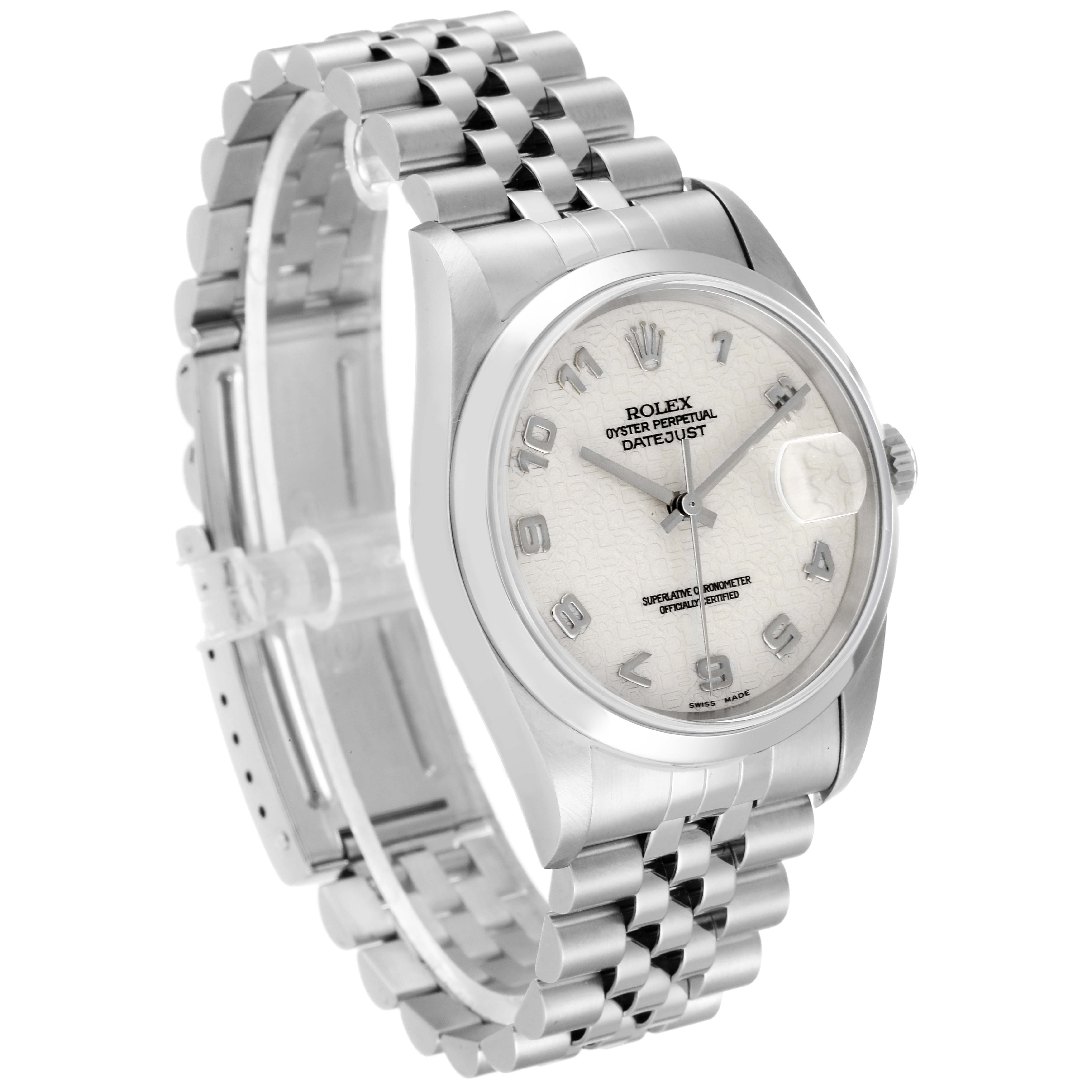 The image shows a Rolex Datejust 16200 Men's Stainless Steel Silver Dial 16200 Men's Stainless Steel Silver Dial watch from a three-quarter angle, highlighting its face, bracelet, and clasp.
