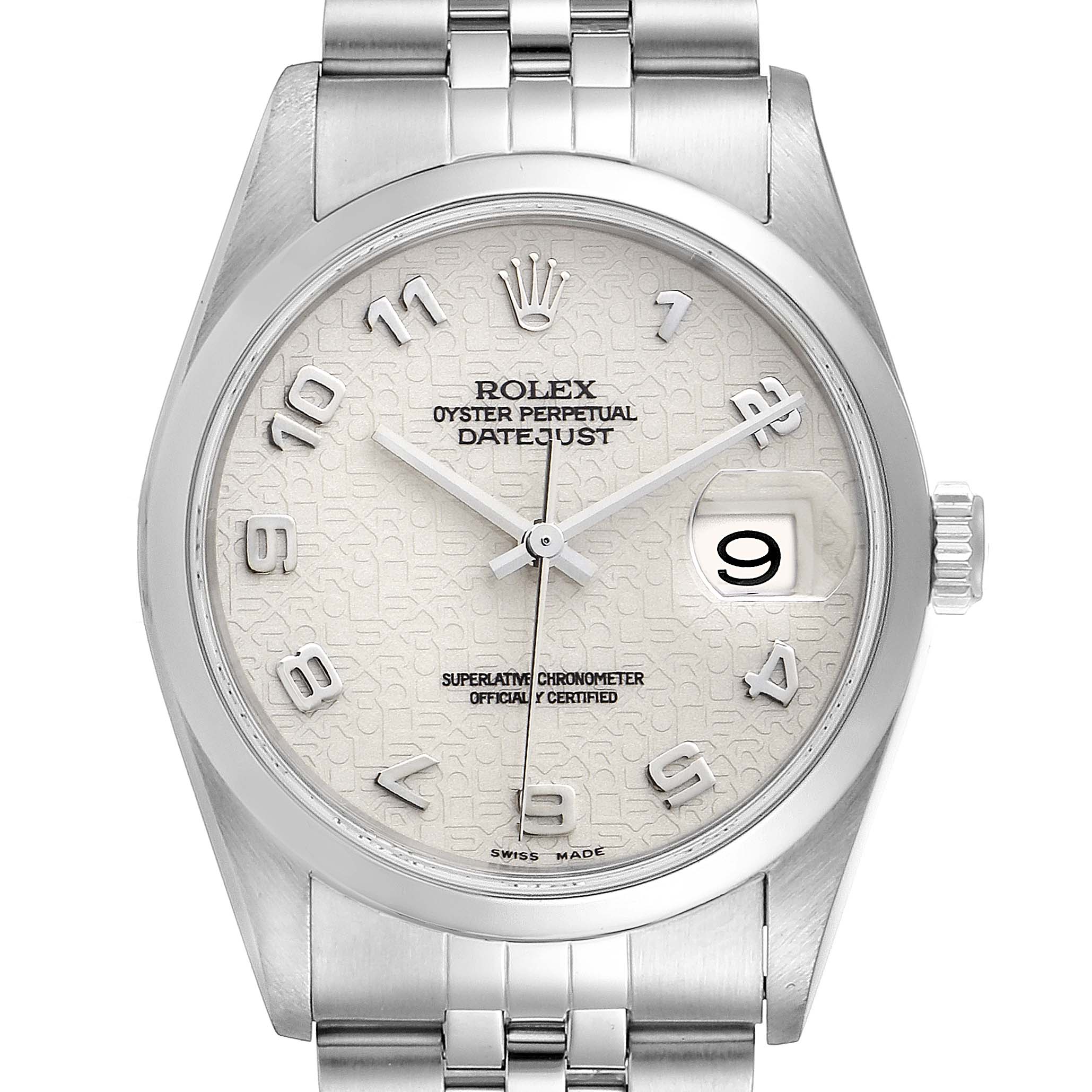 The image shows a close-up, frontal view of the dial, bezel, and part of the bracelet of a Rolex Datejust 16200 Men's Stainless Steel Silver Dial 16200 Men's Stainless Steel Silver Dial watch.