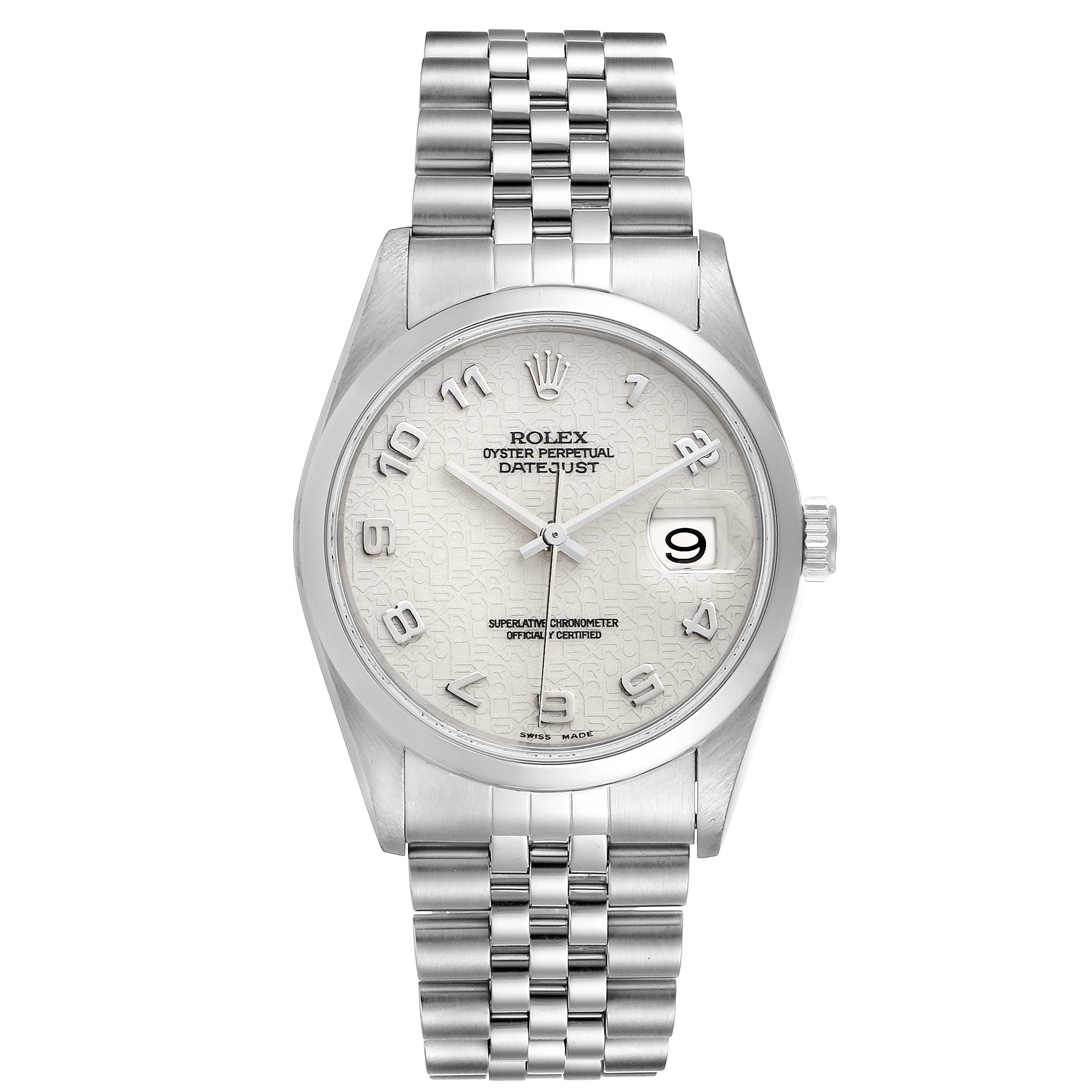 This image shows a frontal view of a Rolex Datejust 16200 Men's Stainless Steel Silver Dial 16200 Men's Stainless Steel Silver Dial watch, highlighting its dial, bezel, bracelet, and date window.