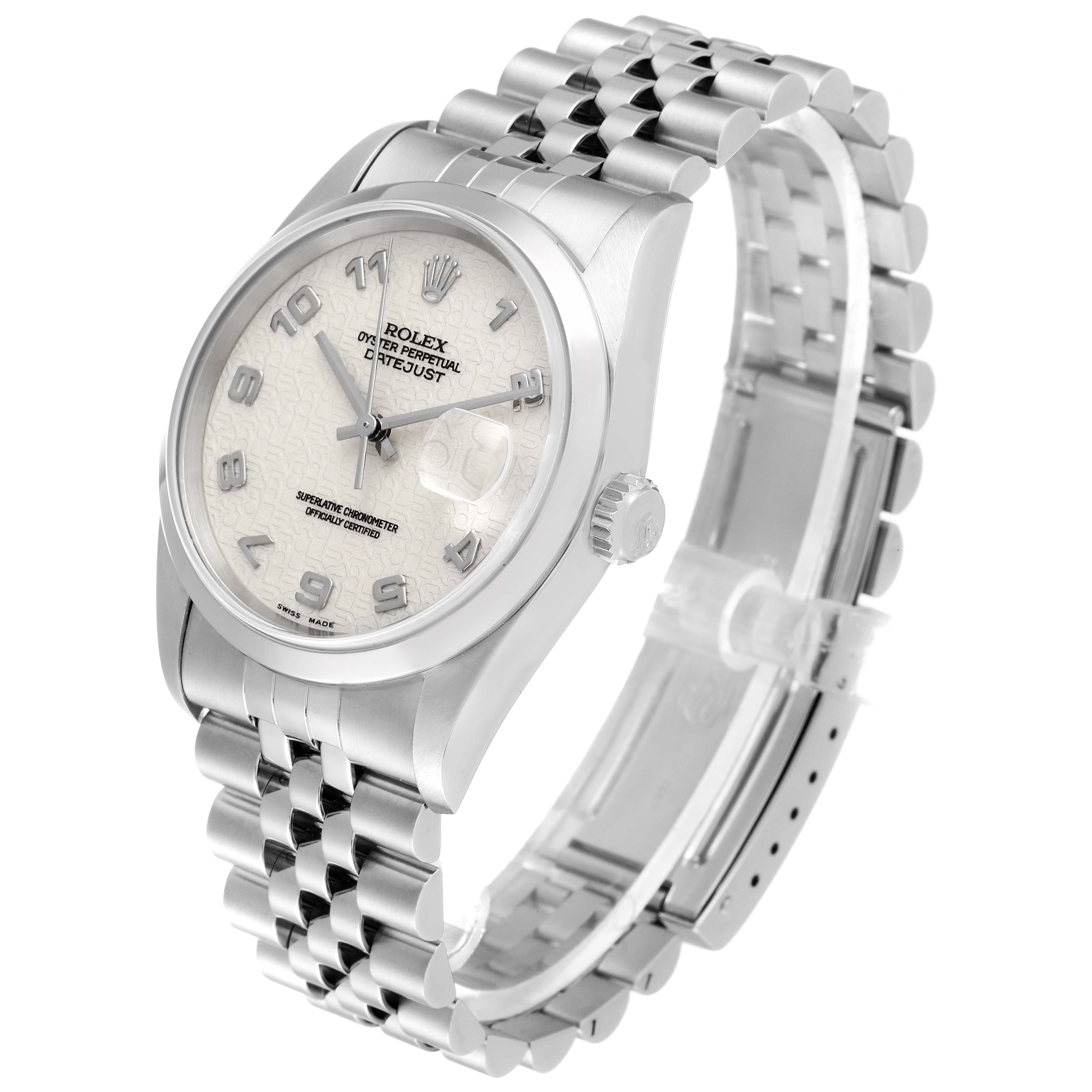 The Rolex Datejust 16200 Men's Stainless Steel Silver Dial 16200 Men's Stainless Steel Silver Dial watch is shown at an angle revealing its face, bezel, and bracelet in detail.