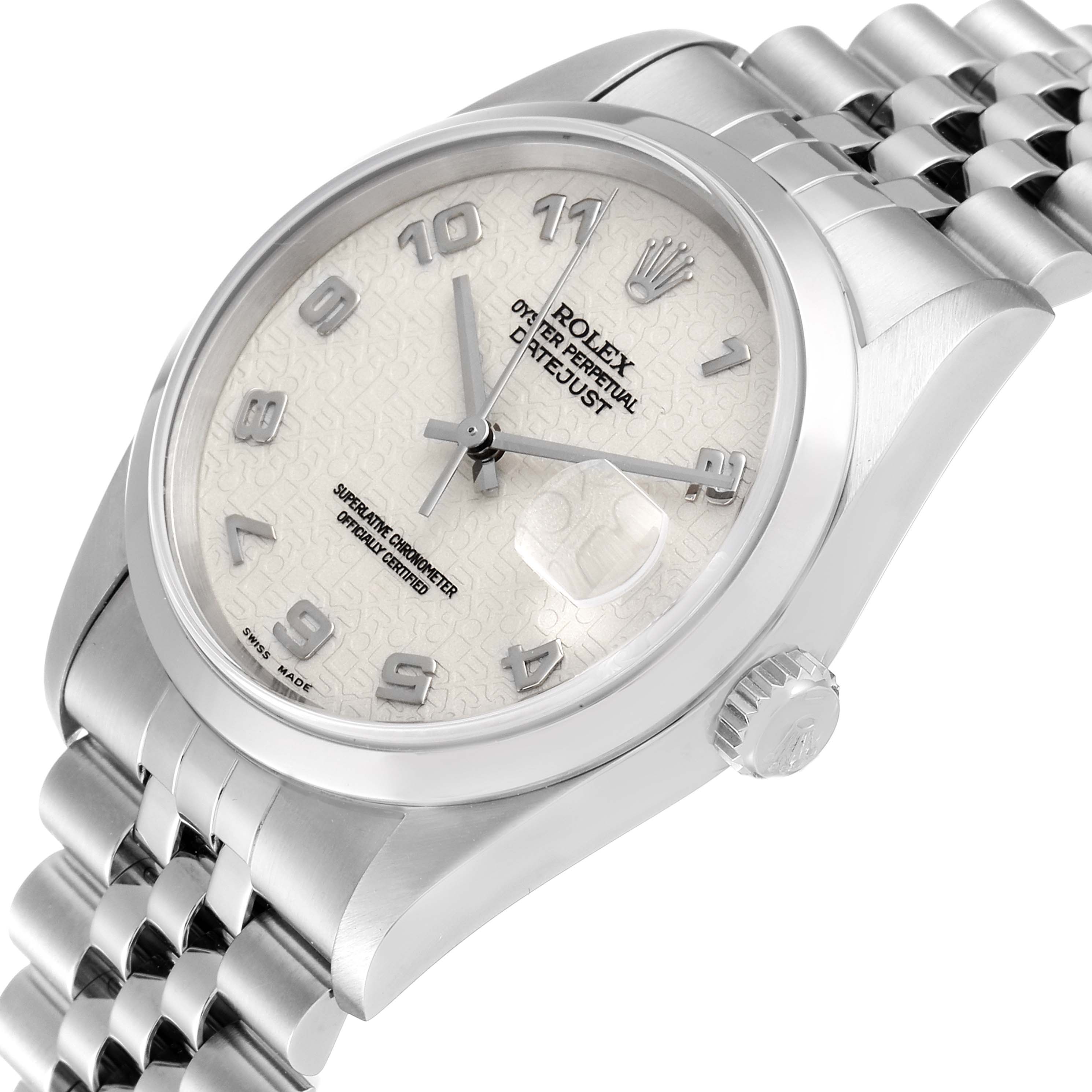 This image shows a close-up angle of the Rolex Datejust 16200 Men's Stainless Steel Silver Dial 16200 Men's Stainless Steel Silver Dial watch, focusing on the dial, bezel, crown, and a portion of the bracelet.