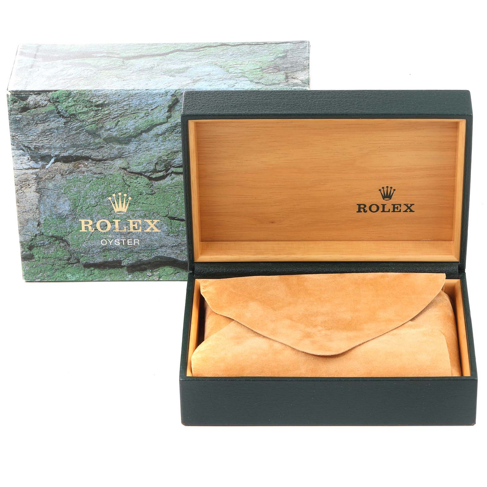 This image shows a Rolex Datejust 16200 Men's Stainless Steel Silver Dial 16200 Men's Stainless Steel Silver Dial watch box and sleeve in an open position, with its outer packaging visible.