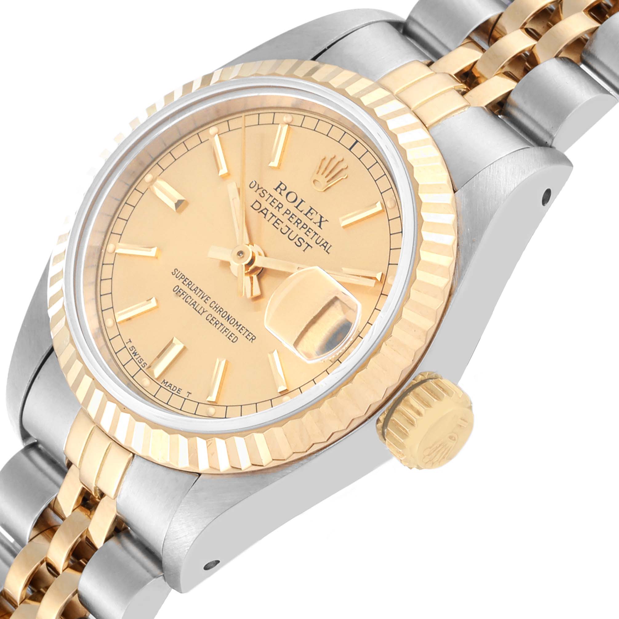 The Rolex Datejust 69173 Women's Steel and Gold (two tone) Champagne Dial 69173 Women's Steel and Gold (two tone) Champagne Dial watch is shown at an oblique angle, displaying the face, fluted bezel, crown, and part of the bracelet.