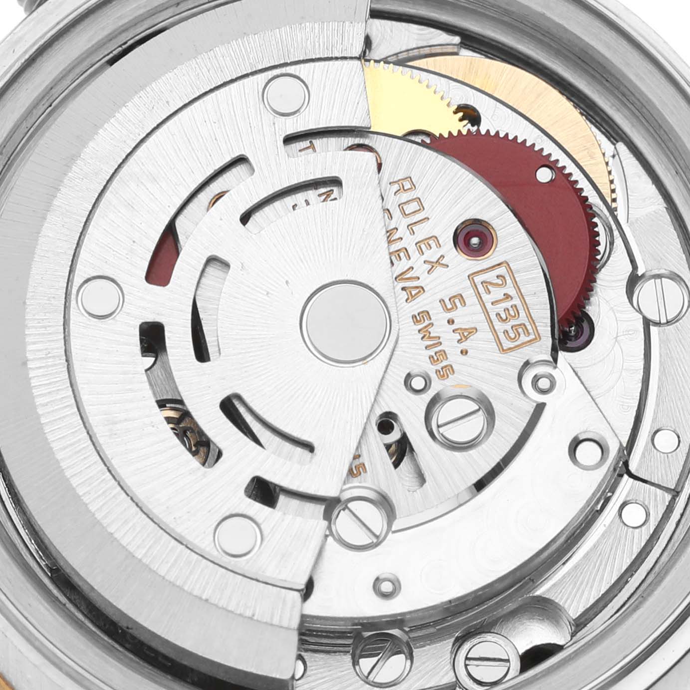 This image shows a close-up of the movement mechanism of a Rolex Datejust 69173 Women's Steel and Gold (two tone) Champagne Dial 69173 Women's Steel and Gold (two tone) Champagne Dial watch, focusing on its intricate inner components.