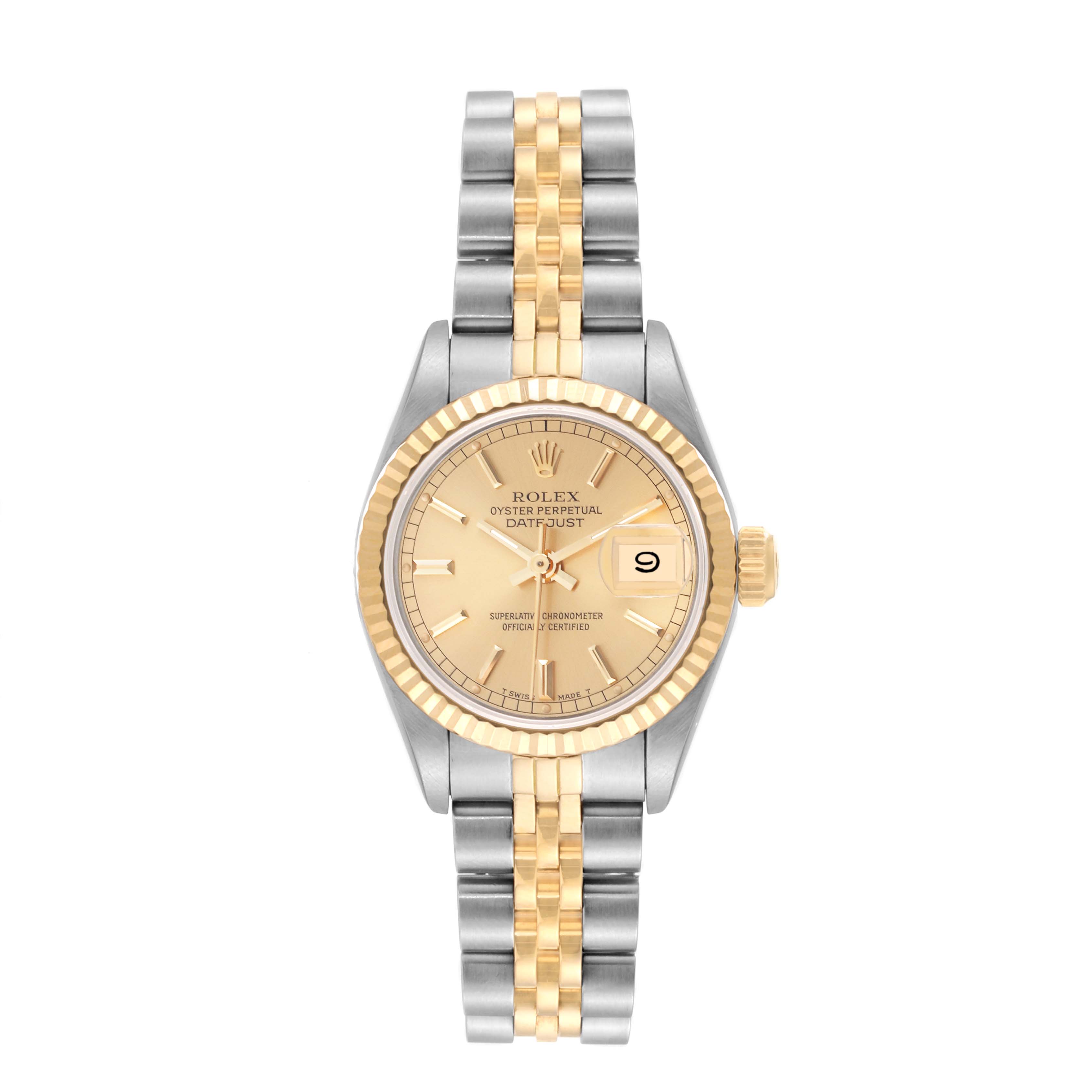 This image shows a frontal view of a Rolex Datejust 69173 Women's Steel and Gold (two tone) Champagne Dial 69173 Women's Steel and Gold (two tone) Champagne Dial watch, displaying the dial, bezel, crown, and bracelet.