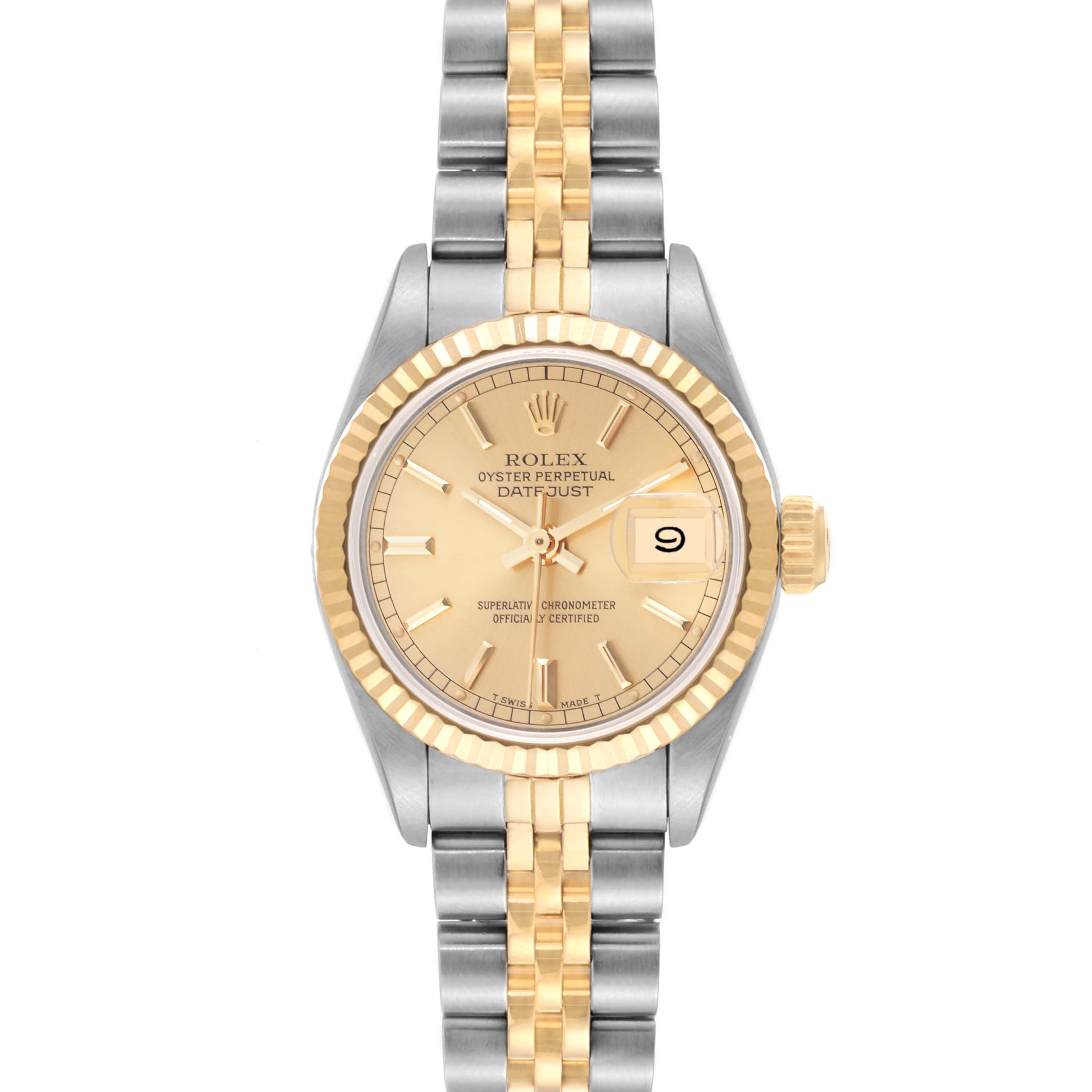 This image shows a full frontal view of a Rolex Datejust 69173 Women's Steel and Gold (two tone) Champagne Dial 69173 Women's Steel and Gold (two tone) Champagne Dial watch, highlighting the dial, fluted bezel, and two-tone bracelet.