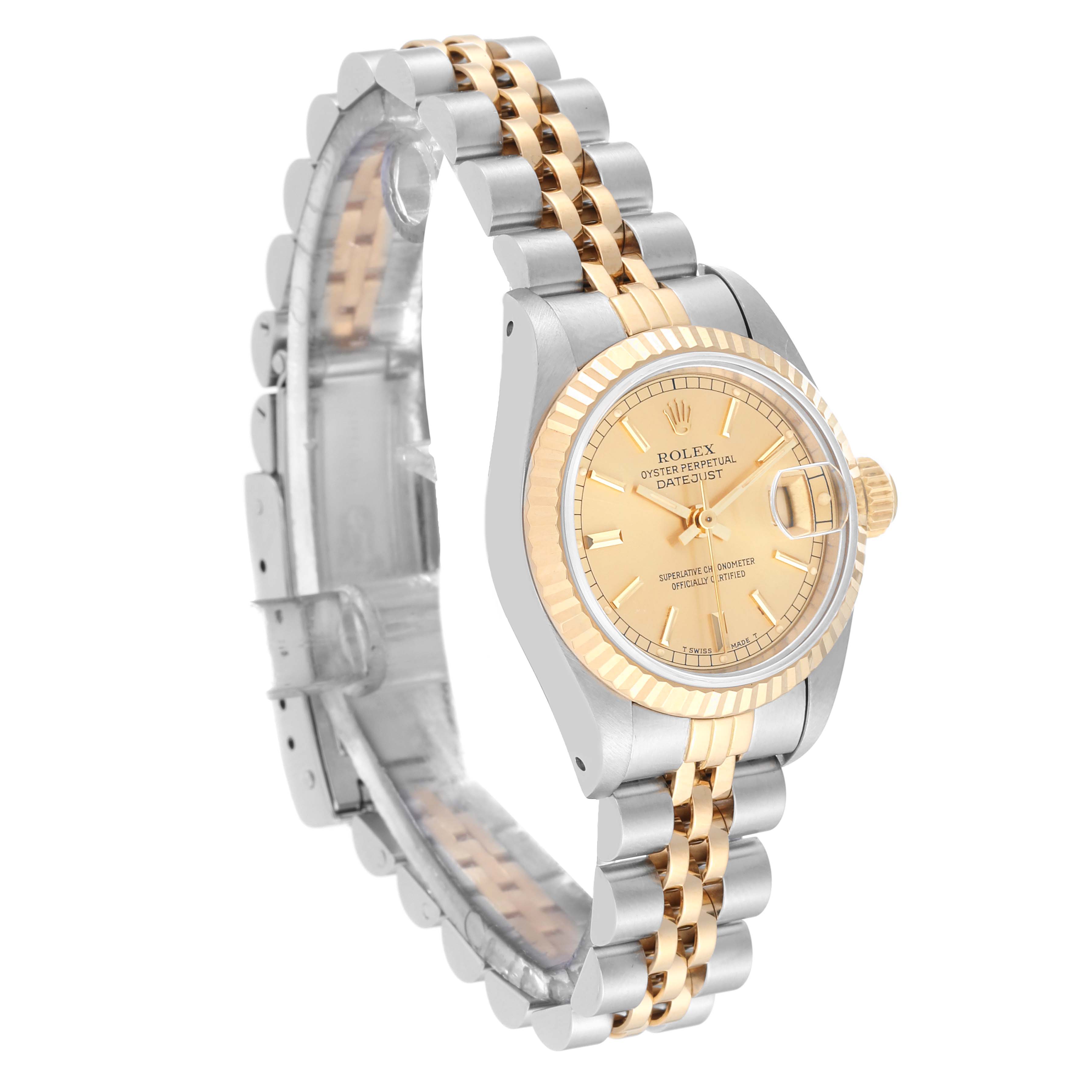 This image shows a side angle view of a Rolex Datejust 69173 Women's Steel and Gold (two tone) Champagne Dial 69173 Women's Steel and Gold (two tone) Champagne Dial watch, highlighting its two-tone bracelet and gold fluted bezel.