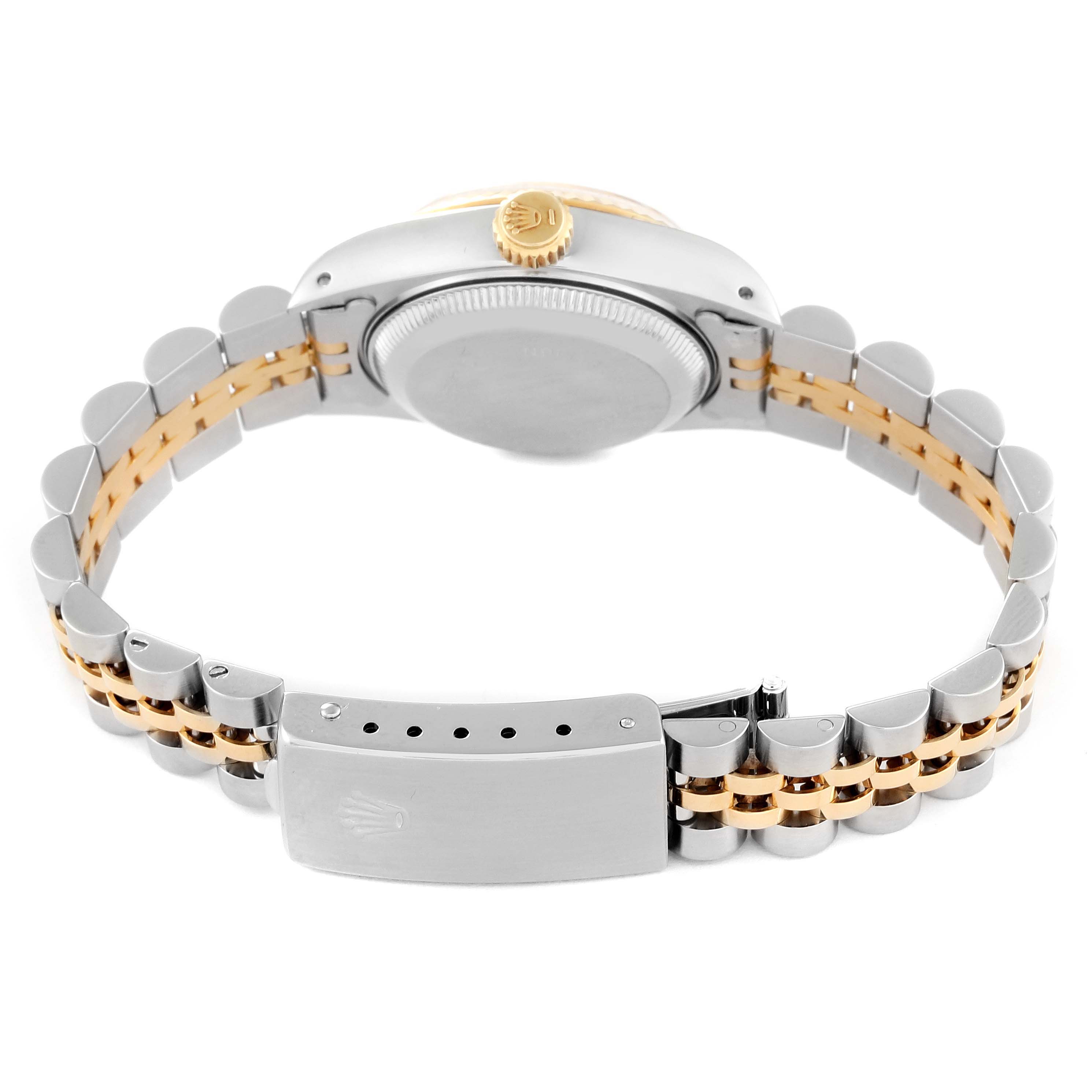 This image shows the back of the Rolex Datejust 69173 Women's Steel and Gold (two tone) Champagne Dial 69173 Women's Steel and Gold (two tone) Champagne Dial watch, highlighting the case, crown, and two-tone bracelet with its clasp.