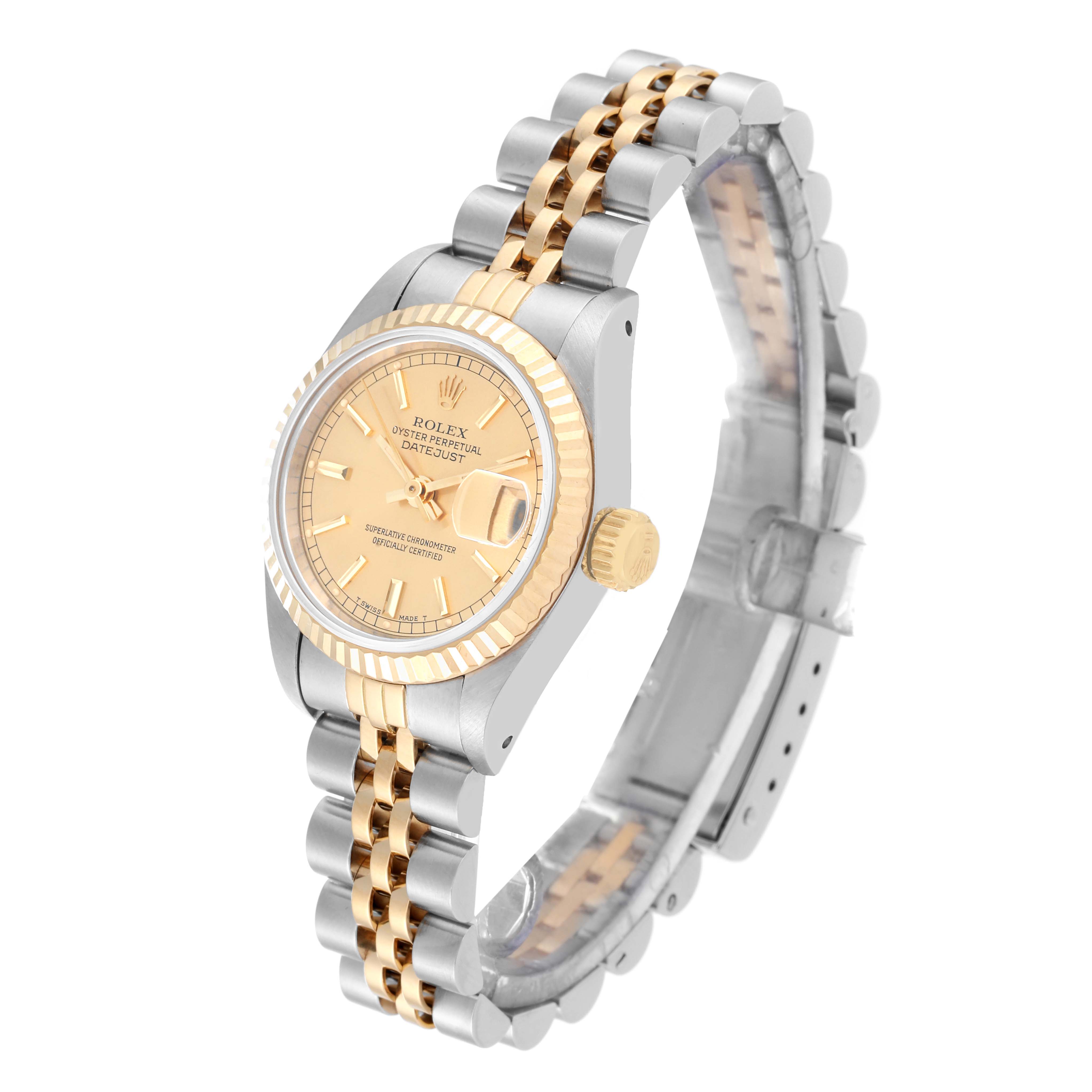 This image shows a Rolex Datejust 69173 Women's Steel and Gold (two tone) Champagne Dial 69173 Women's Steel and Gold (two tone) Champagne Dial watch at a slight angle, highlighting the dial, bezel, crown, and bracelet.