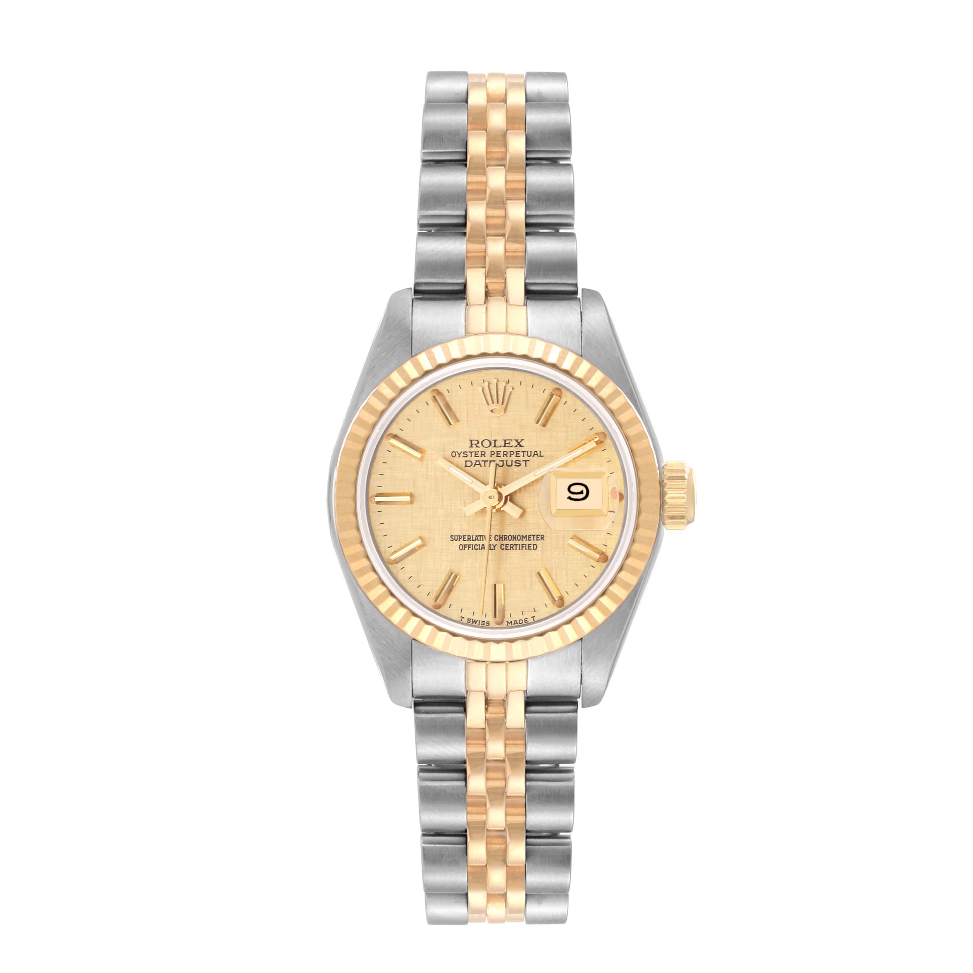 The Rolex Datejust 69173 Women's Steel and Gold (two tone) Champagne Dial 69173 Women's Steel and Gold (two tone) Champagne Dial watch is shown from the front, displaying the face, bezel, and two-tone bracelet.
