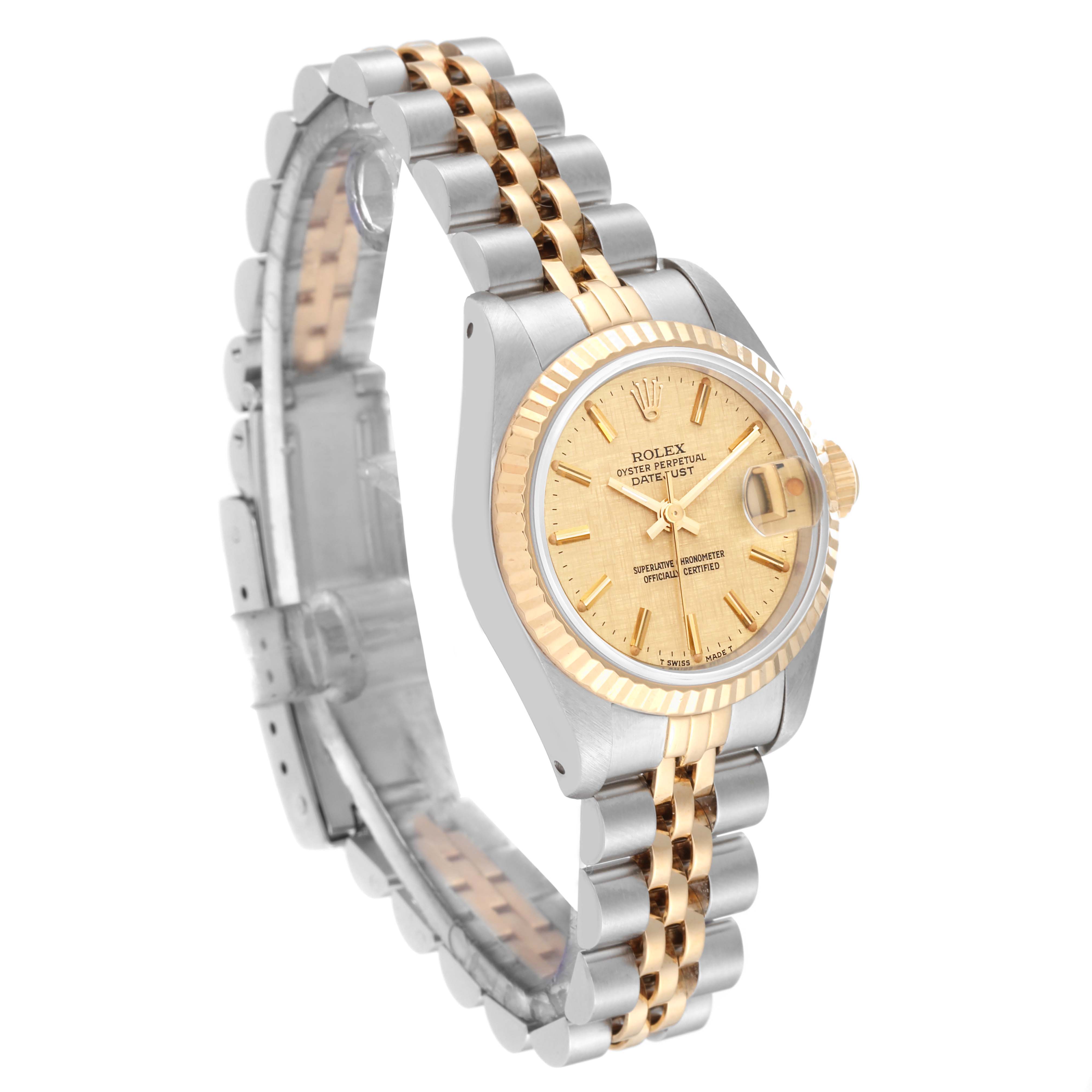 This image shows the Rolex Datejust 69173 Women's Steel and Gold (two tone) Champagne Dial 69173 Women's Steel and Gold (two tone) Champagne Dial model watch from a three-quarter angle, highlighting its dial, case, bracelet, and bezel.