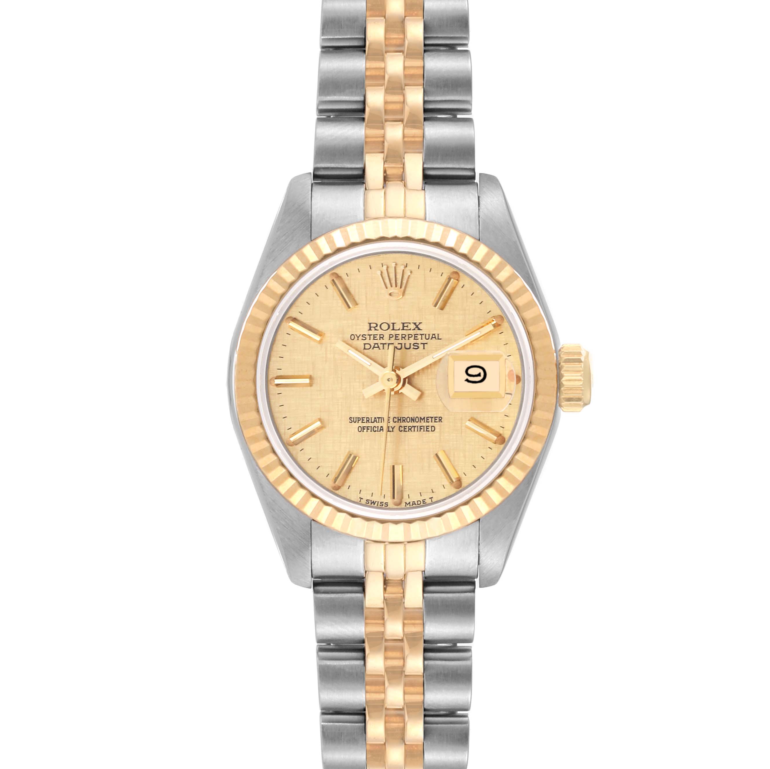The Rolex Datejust 69173 Women's Steel and Gold (two tone) Champagne Dial 69173 Women's Steel and Gold (two tone) Champagne Dial watch is shown from the front, displaying the dial, bezel, and part of the two-tone bracelet.