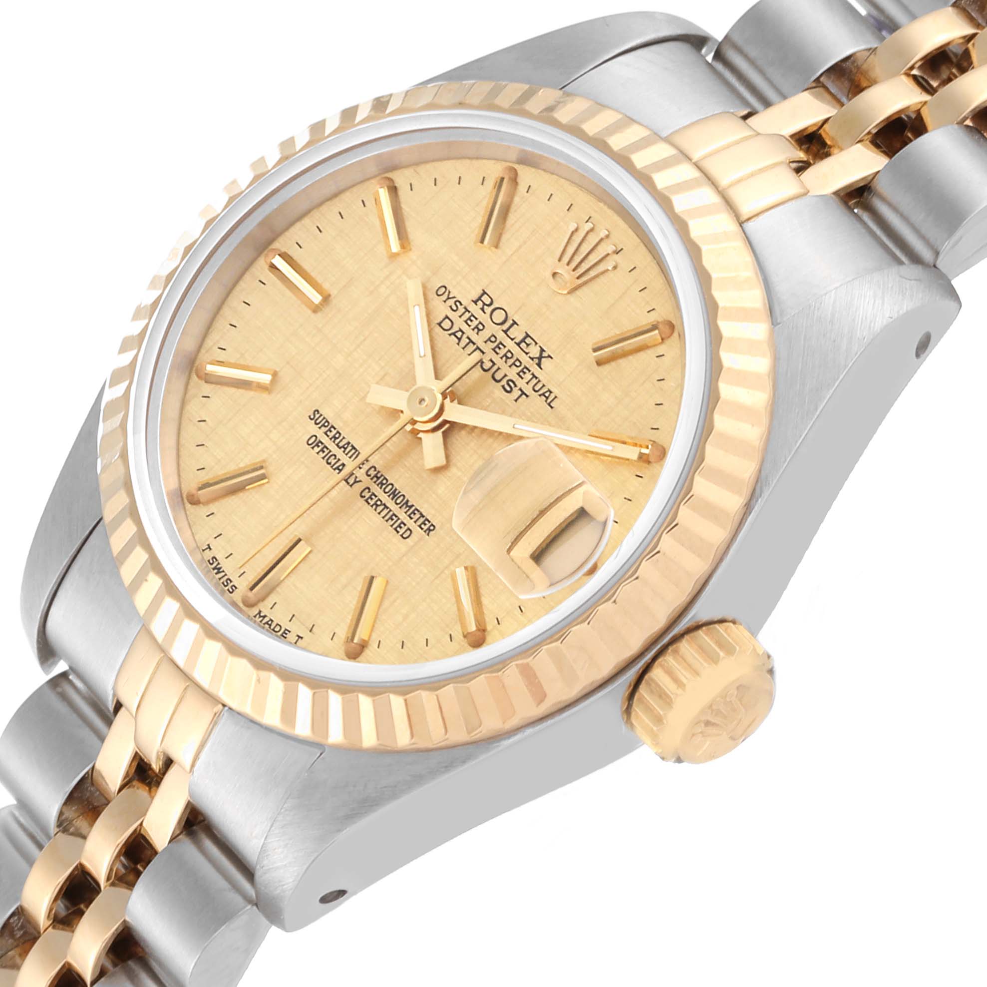 This Rolex Datejust 69173 Women's Steel and Gold (two tone) Champagne Dial 69173 Women's Steel and Gold (two tone) Champagne Dial watch is shown at an oblique angle highlighting its dial, fluted bezel, jubilee bracelet, and crown.