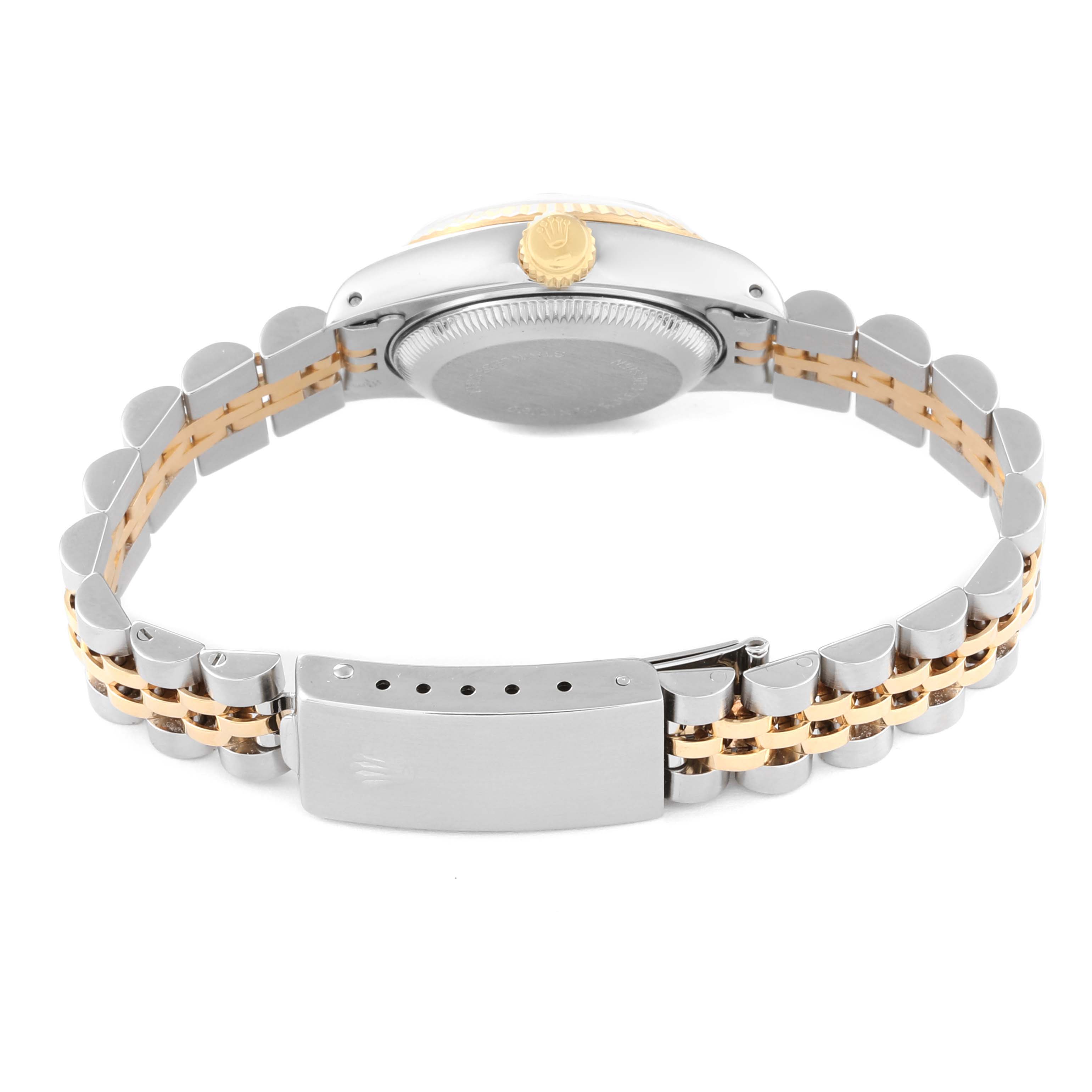 This image shows the back and clasp of a Rolex Datejust 69173 Women's Steel and Gold (two tone) Champagne Dial 69173 Women's Steel and Gold (two tone) Champagne Dial watch, highlighting the two-tone bracelet and crown.
