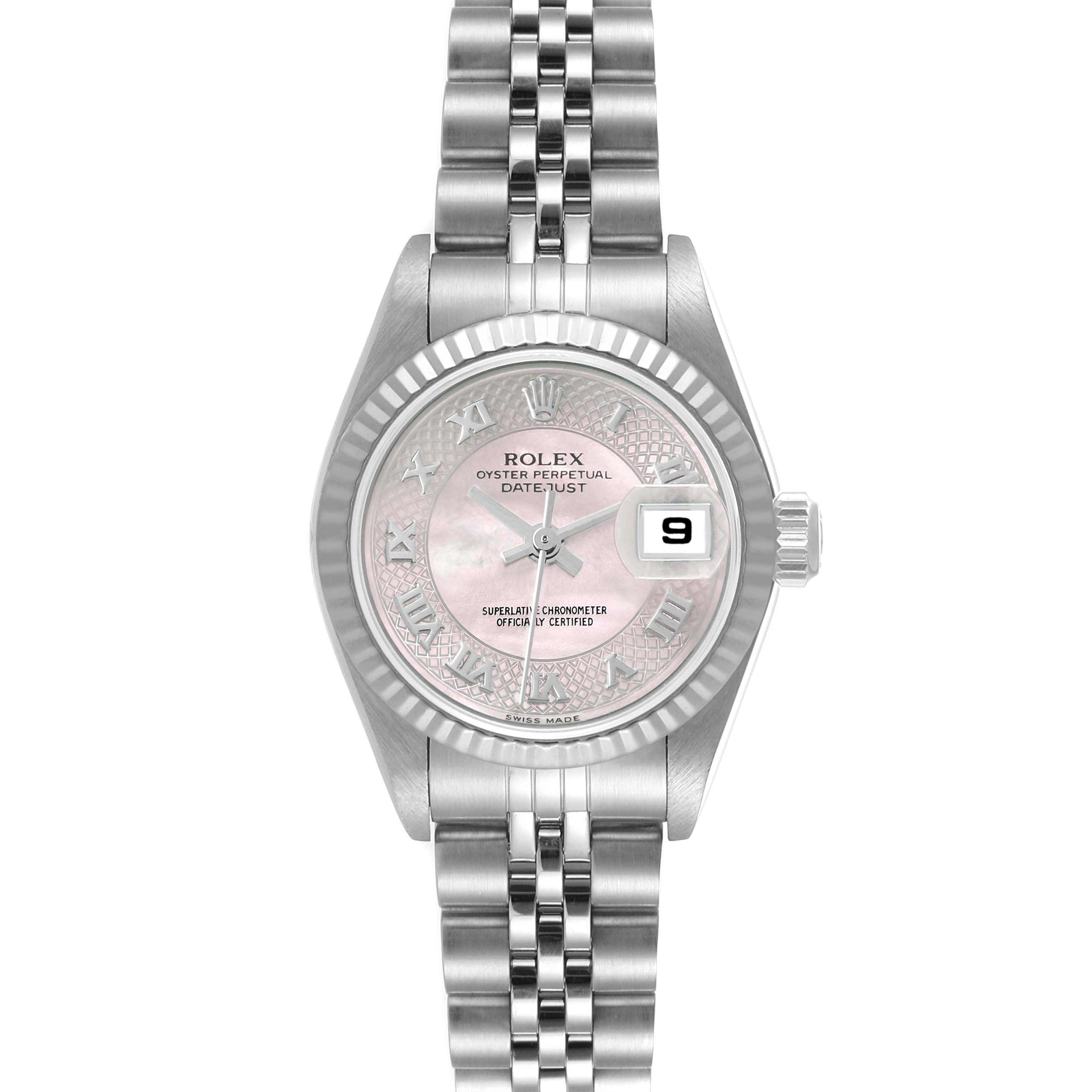 This is a front view of a Rolex Datejust 79174 Women's Stainless Steel Mother of Pearl Dial 79174 Women's Stainless Steel Mother of Pearl Dial watch, showing the dial, bezel, bracelet, and date display.