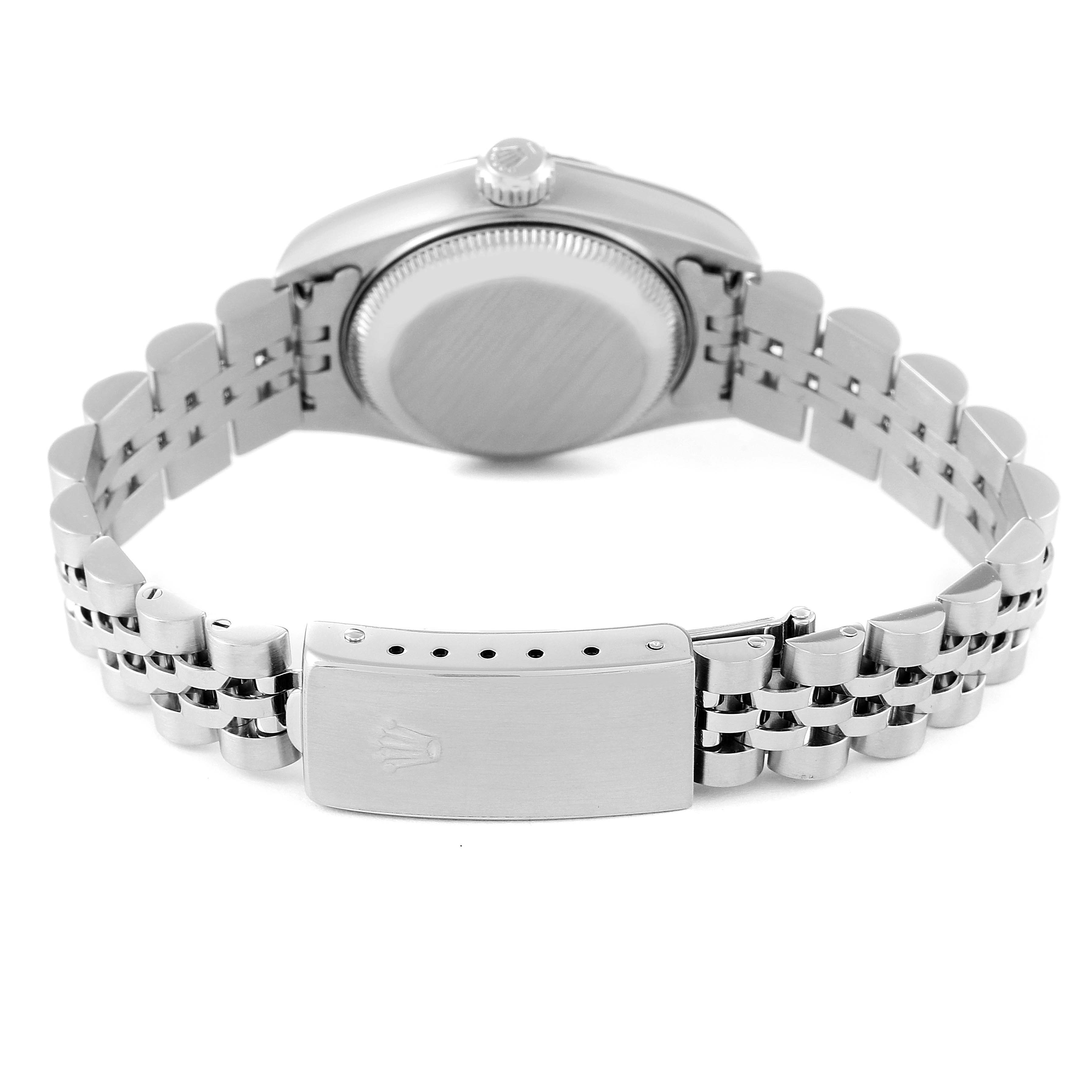 This image shows the back case and bracelet clasp of a Rolex Datejust 79174 Women's Stainless Steel Mother of Pearl Dial 79174 Women's Stainless Steel Mother of Pearl Dial watch from a rear angle.