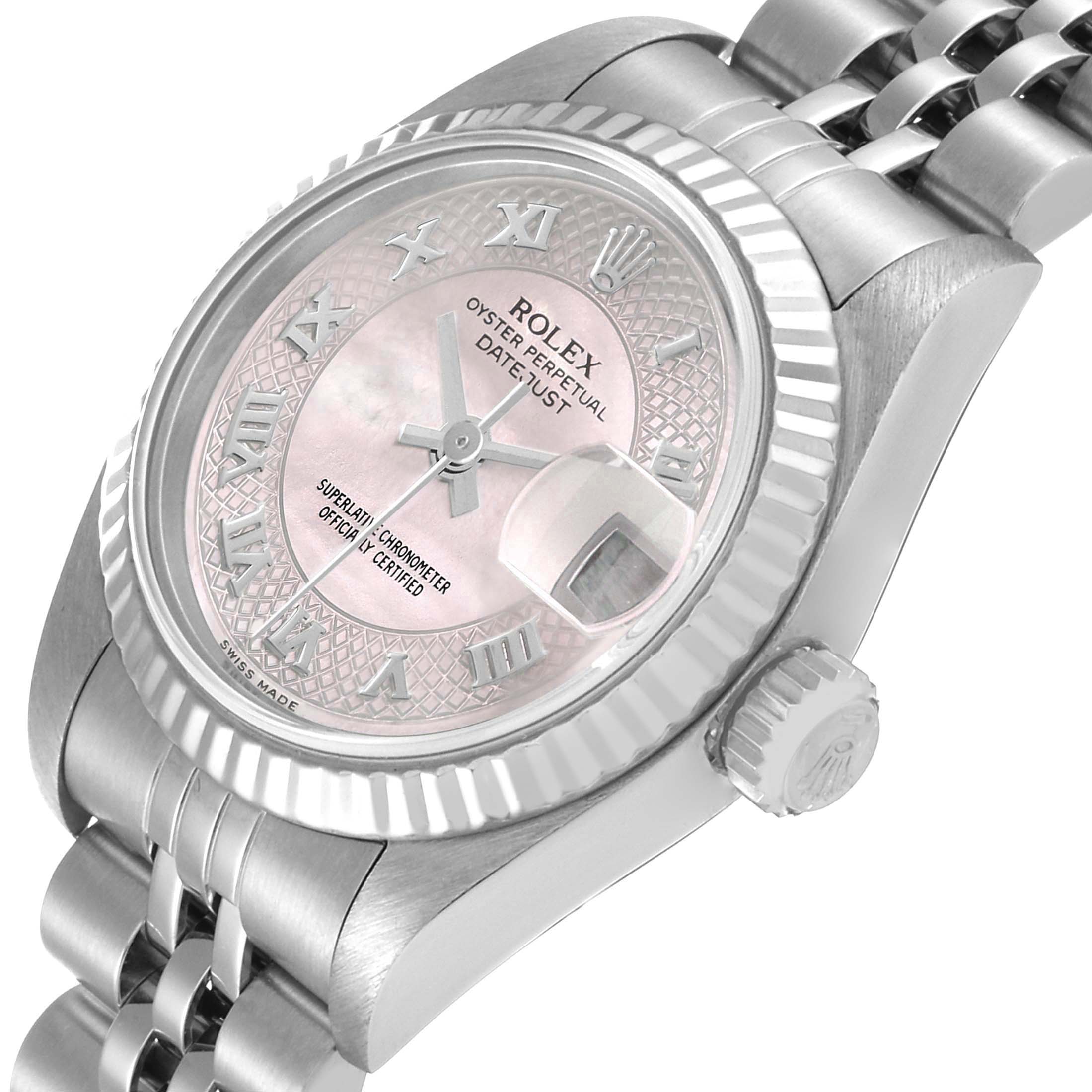The image shows a side angle of the Rolex Datejust 79174 Women's Stainless Steel Mother of Pearl Dial 79174 Women's Stainless Steel Mother of Pearl Dial watch, highlighting its crown, fluted bezel, Roman numeral dial, and bracelet.