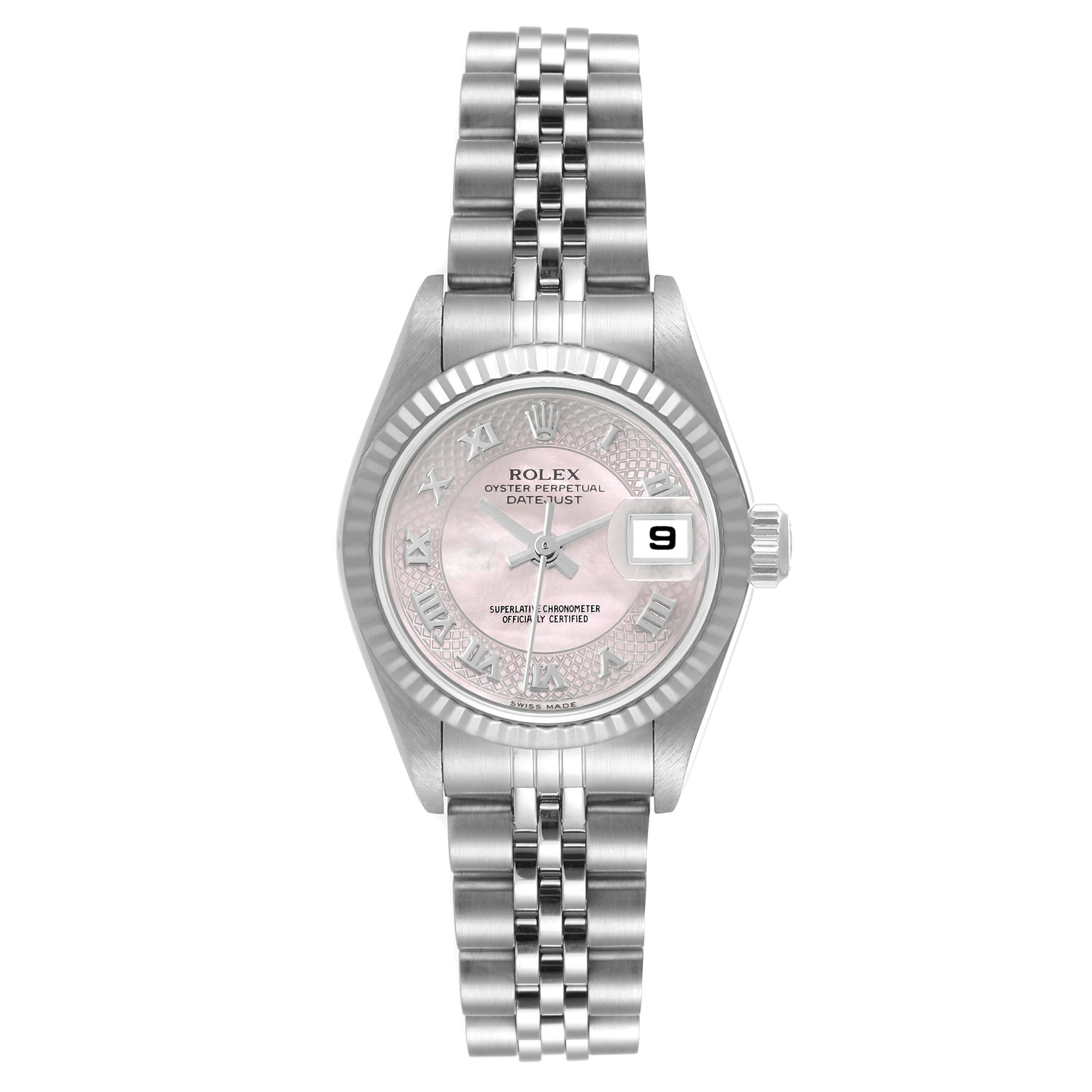 This image shows a front view of the Rolex Datejust 79174 Women's Stainless Steel Mother of Pearl Dial 79174 Women's Stainless Steel Mother of Pearl Dial watch, highlighting the face, bracelet, and date window.