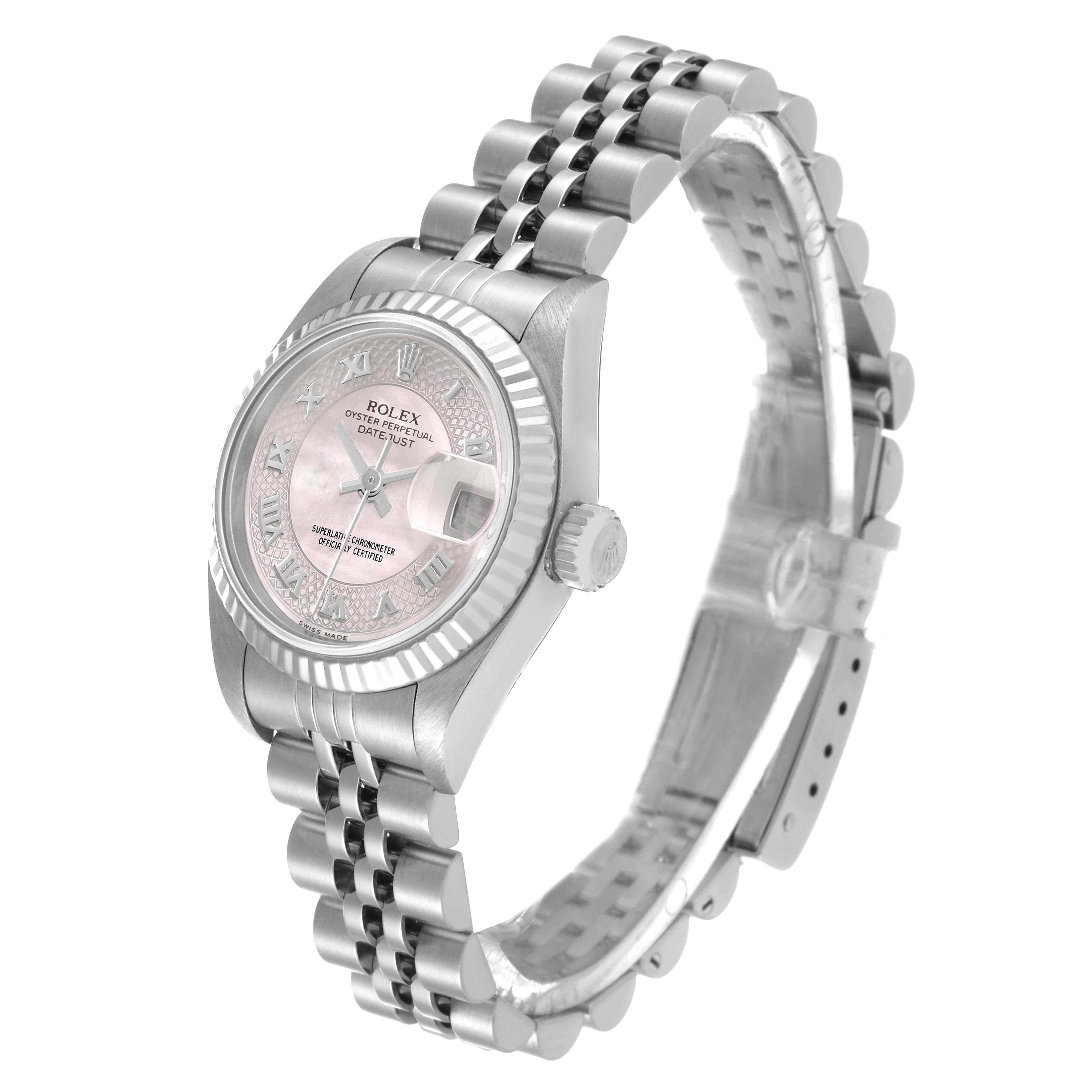 This image shows a Rolex Datejust 79174 Women's Stainless Steel Mother of Pearl Dial 79174 Women's Stainless Steel Mother of Pearl Dial watch at a slight angle, highlighting the face, bezel, crown, and bracelet links.