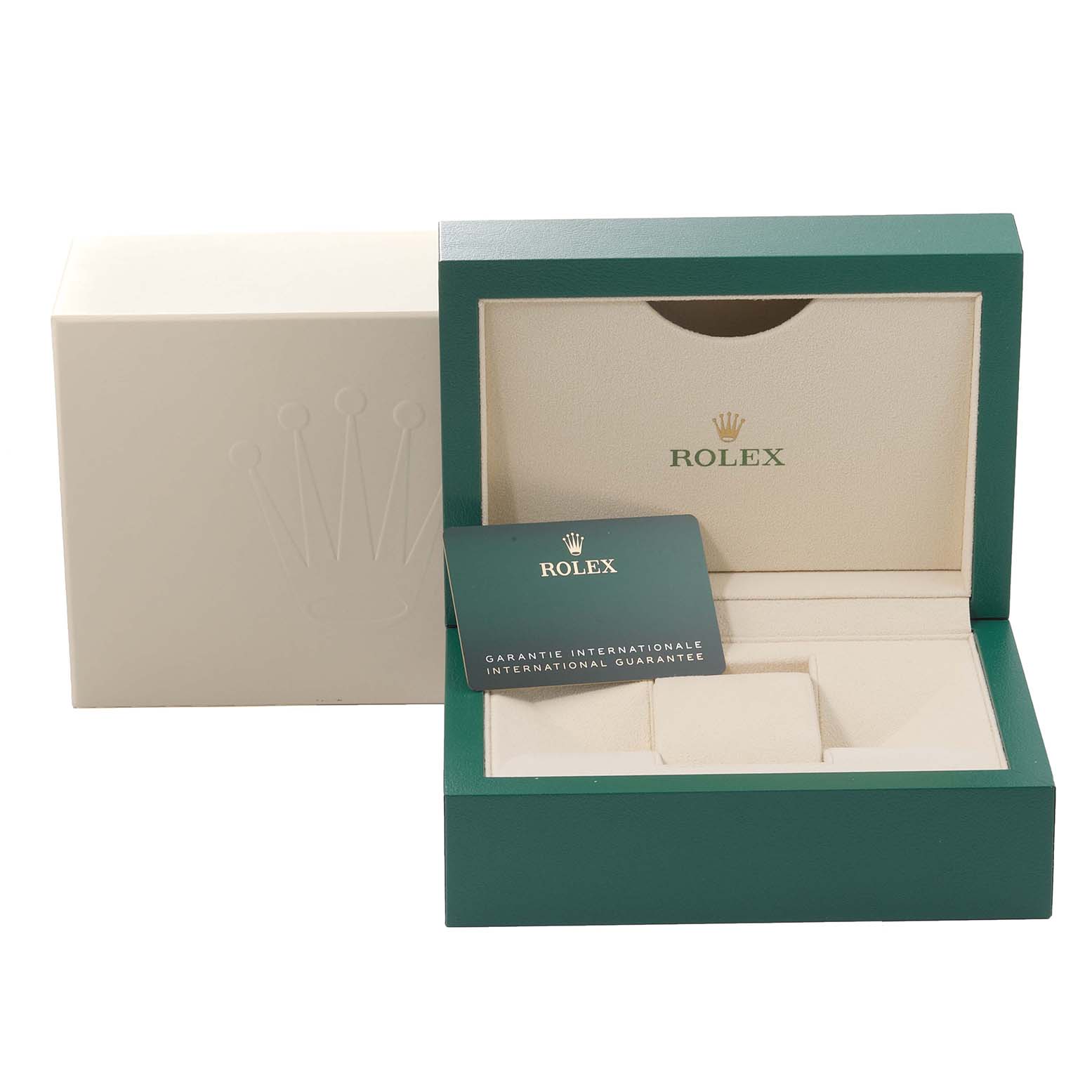 The image shows the packaging, card, and box for a Rolex Datejust 126231 Men's Steel and Gold (two tone) Grey Dial 126231 Men's Steel and Gold (two tone) Grey Dial model, viewed from the front.