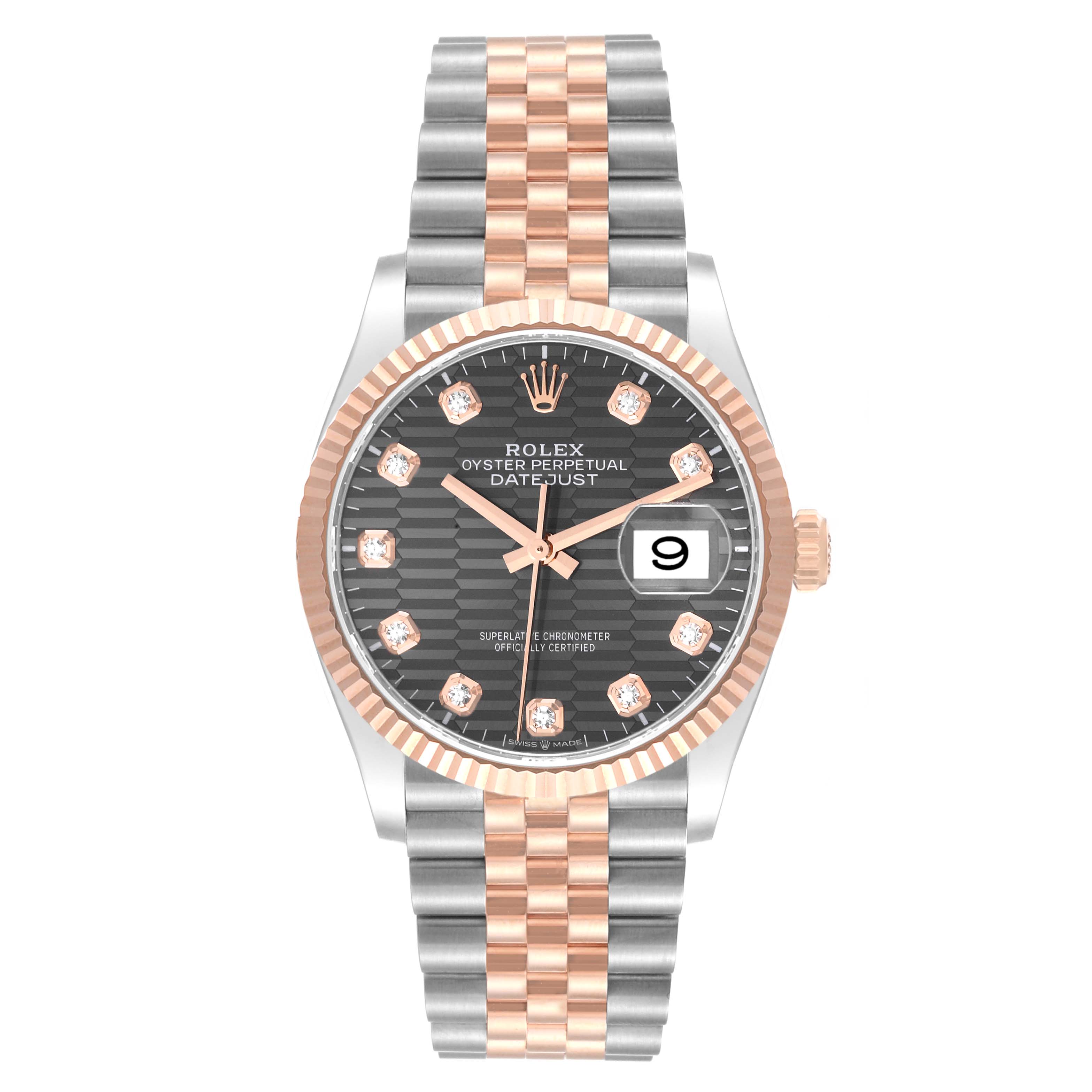 The image shows a front view of a Rolex Datejust 126231 Men's Steel and Gold (two tone) Grey Dial 126231 Men's Steel and Gold (two tone) Grey Dial watch with a two-tone band and diamond hour markers.